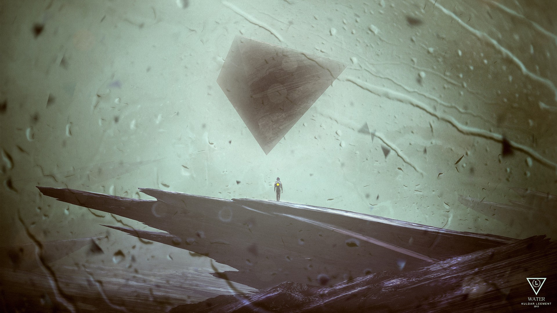 Kuldar Leement's abstract artwork with a figure and a floating object HD Wallpaper