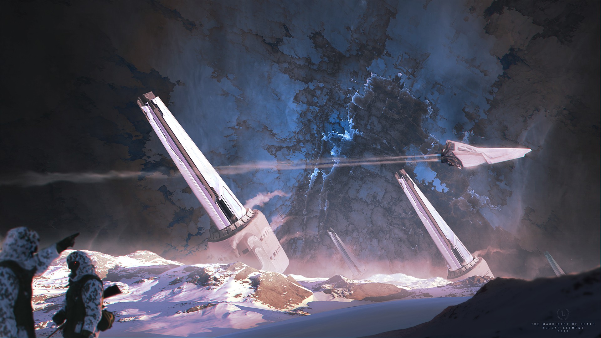 Kuldar Leement's Artwork: Sci-Fi Scene with Spaceships and Soldiers HD Wallpaper