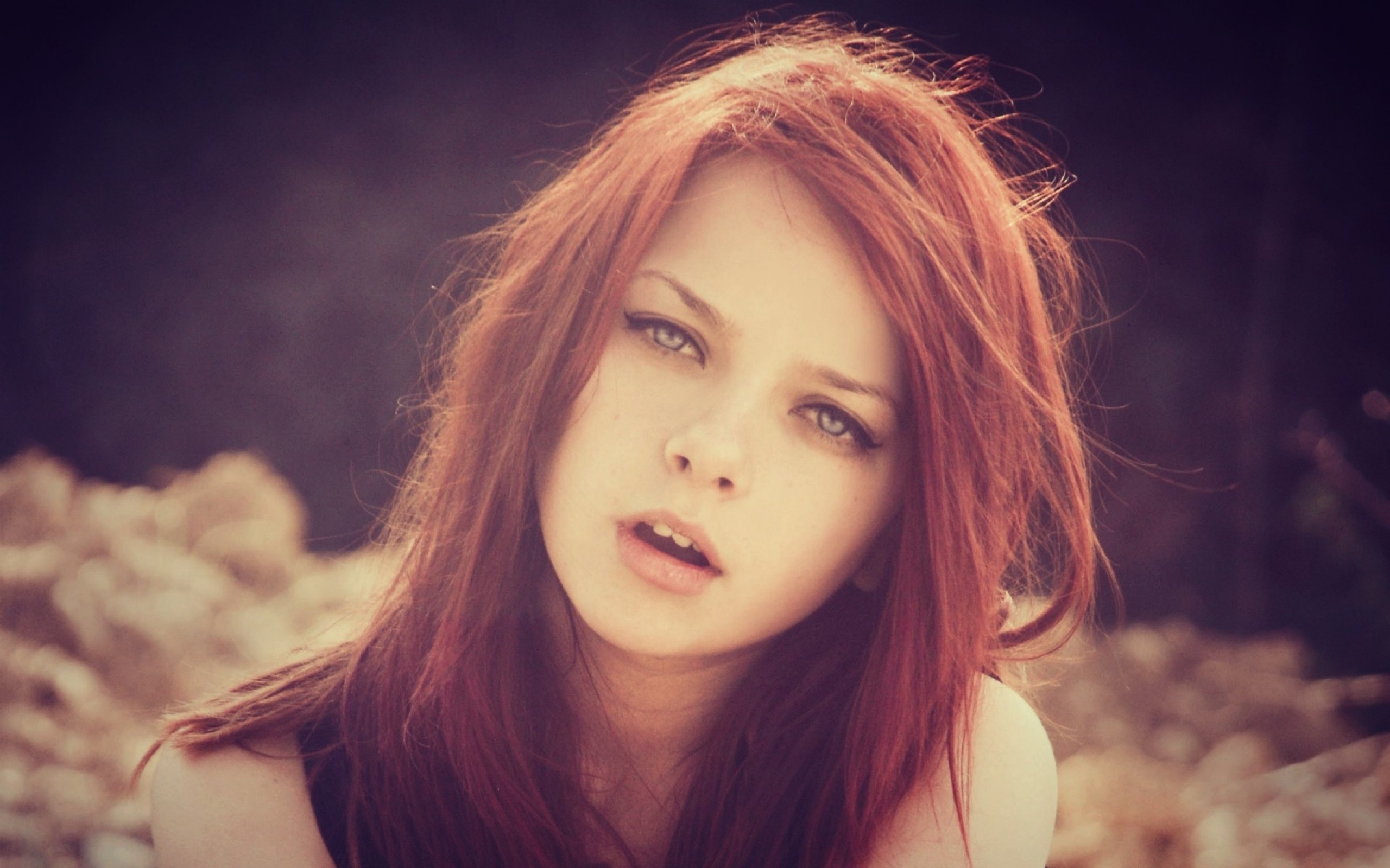 Young redhead woman with open mouth outdoors HD Wallpaper