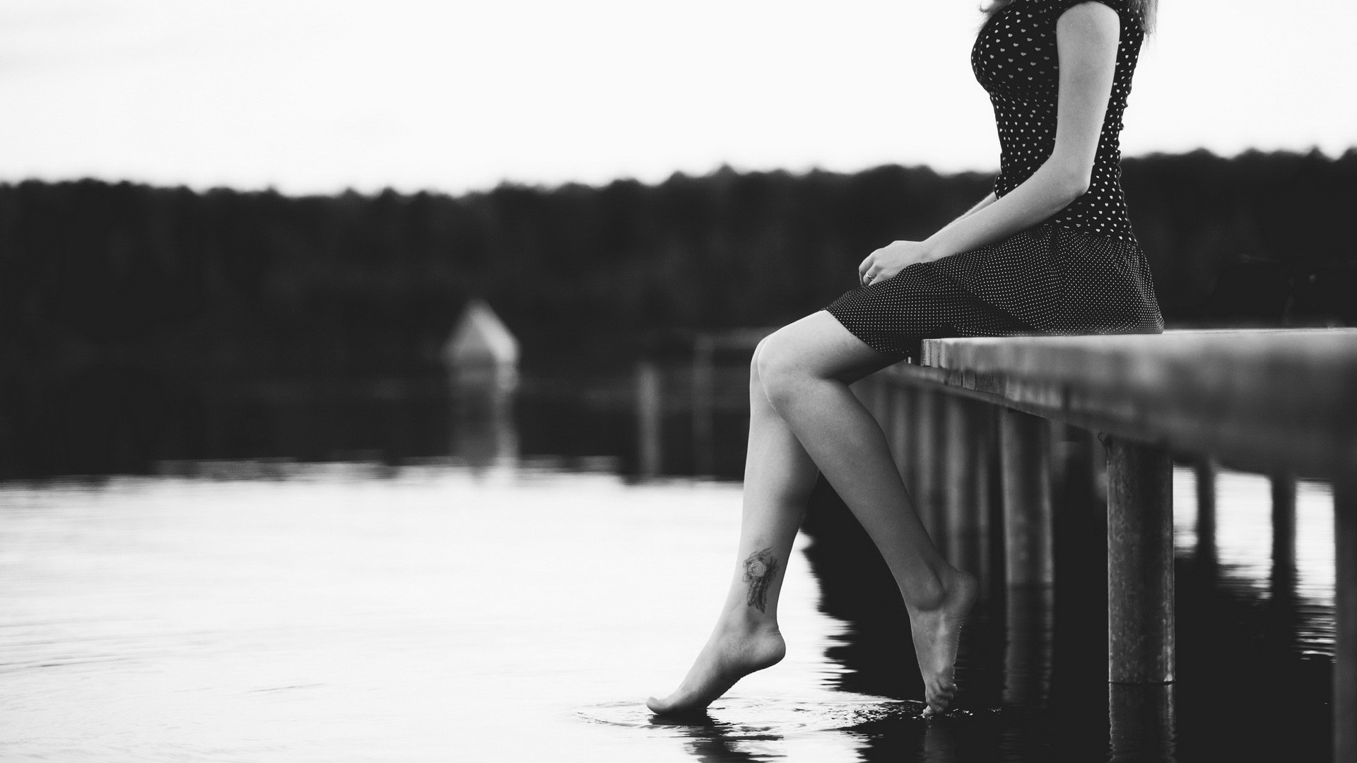 Woman with tattoo sitting on a pier by the water HD Wallpaper