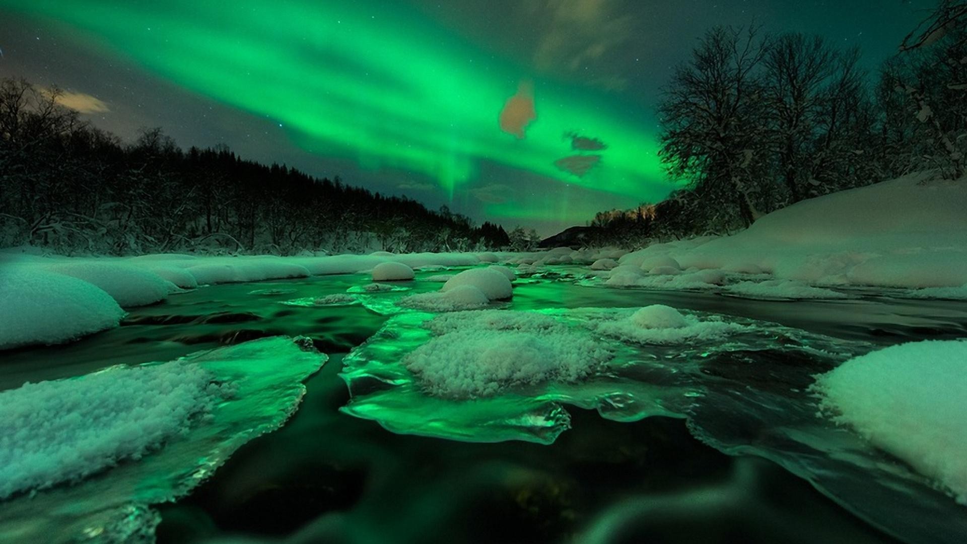 aurorae, nature, sky, Norway, river HD Wallpaper