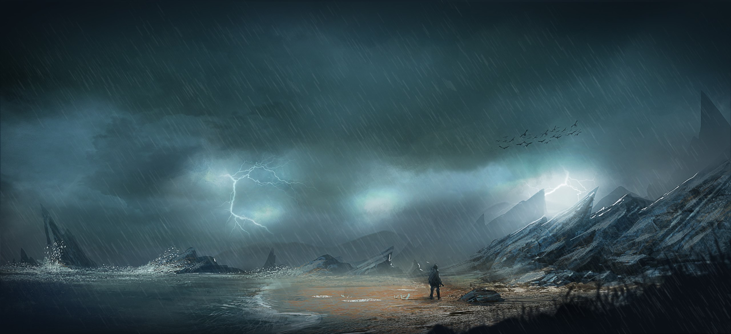 Digital art of a person standing on a beach during a lightning storm HD Wallpaper
