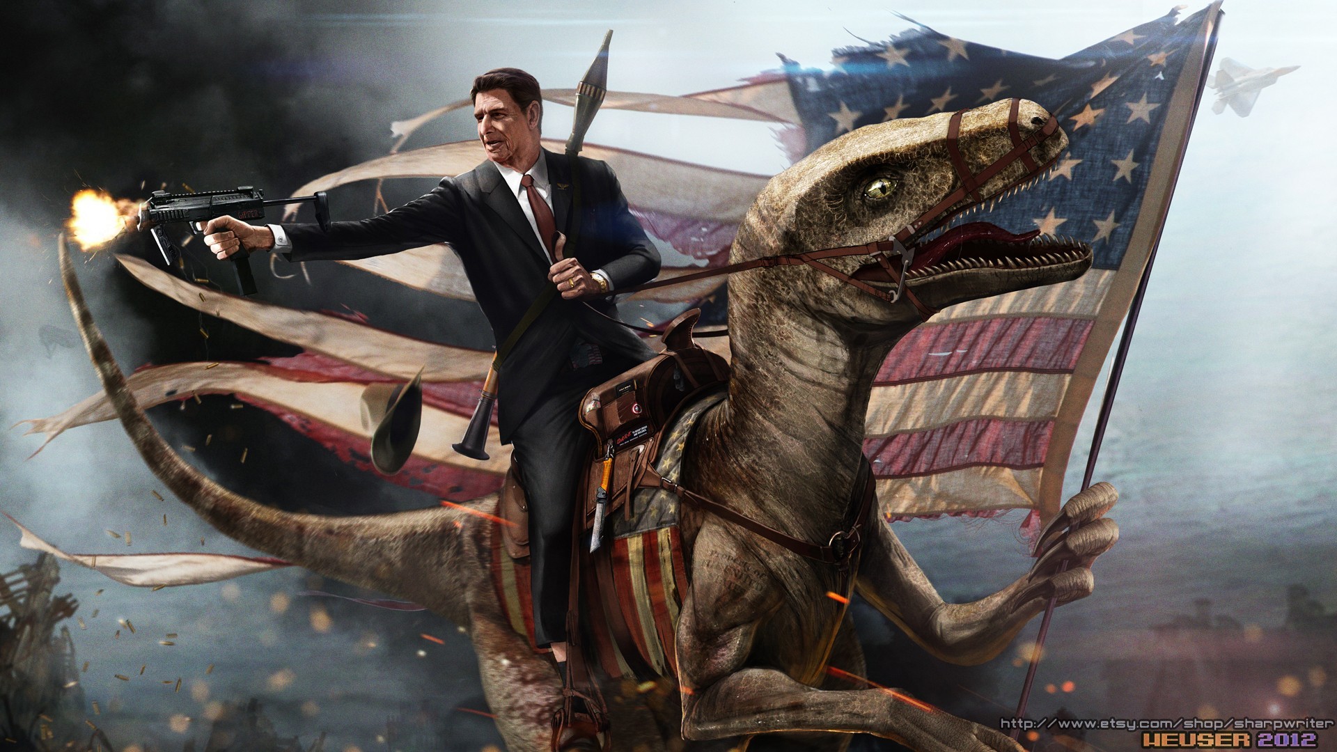 Ronald Reagan riding a dinosaur with a gun and flag HD Wallpaper