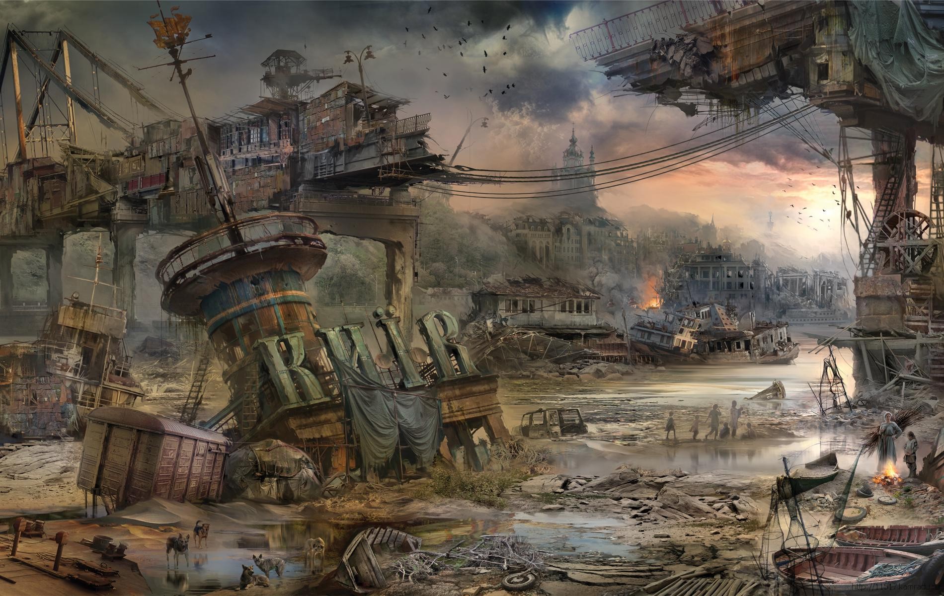 Apocalyptic Kiev cityscape with ruined structures and ships HD Wallpaper