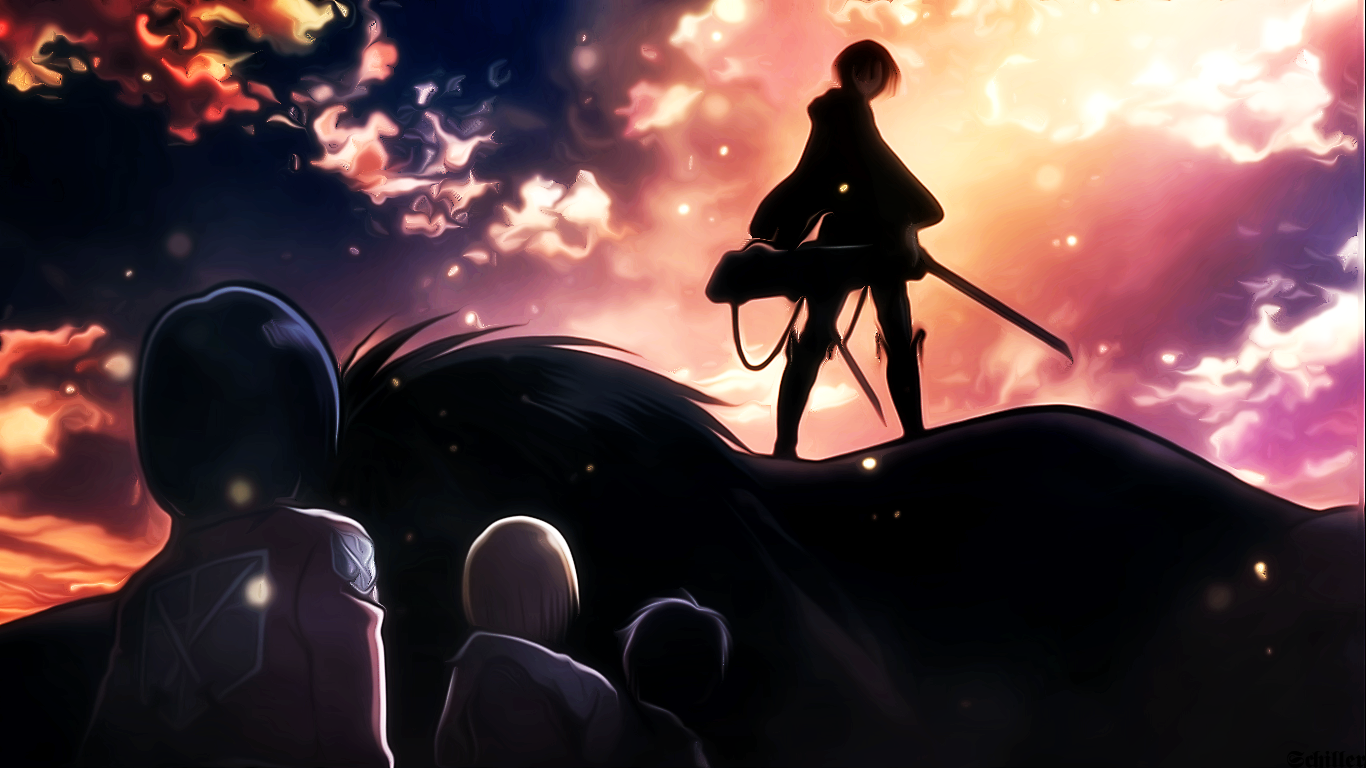 Shingeki no Kyojin: Levi Ackerman and allies at sunset HD Wallpaper