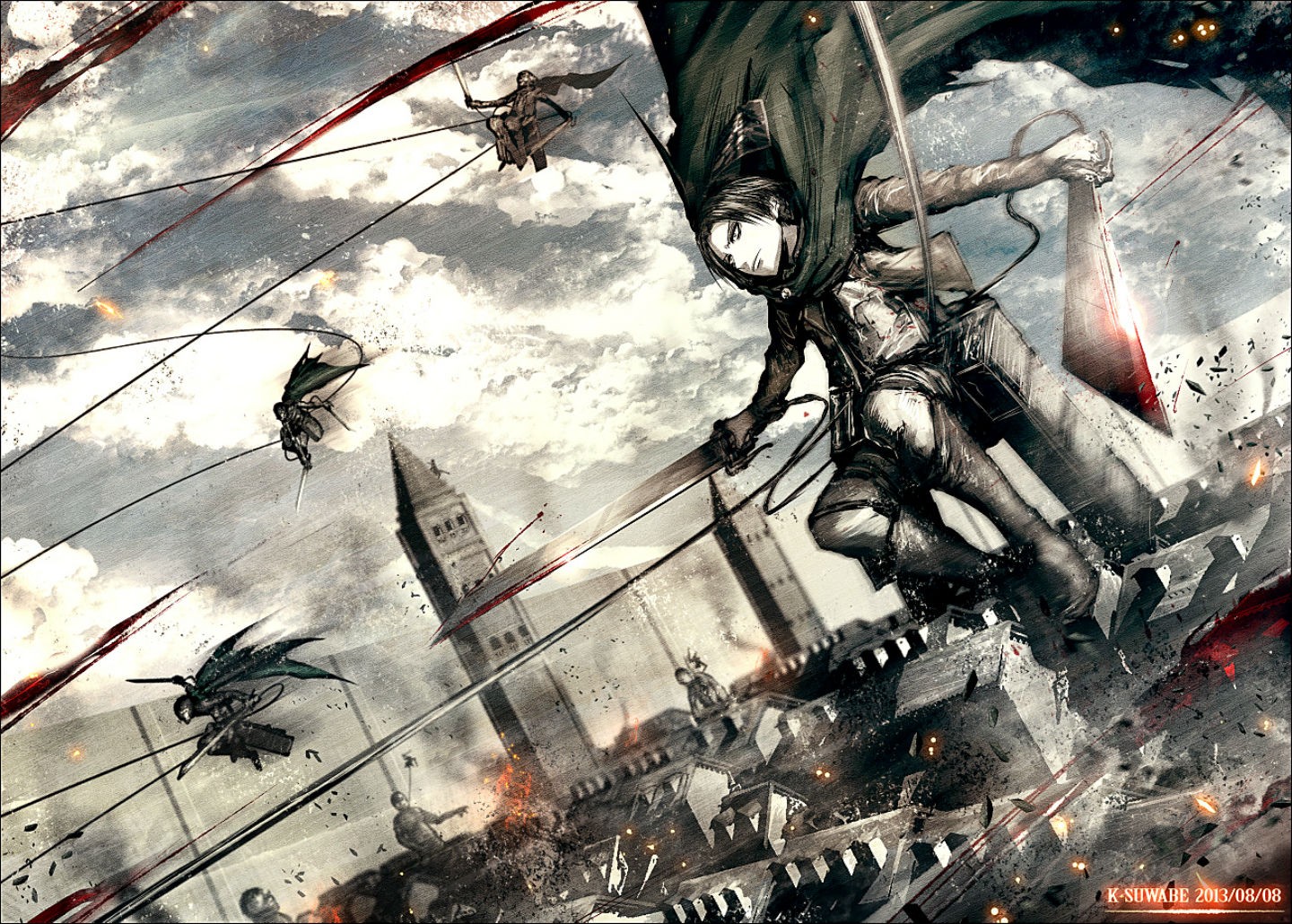 Attack on Titan characters fighting titans in a city HD Wallpaper