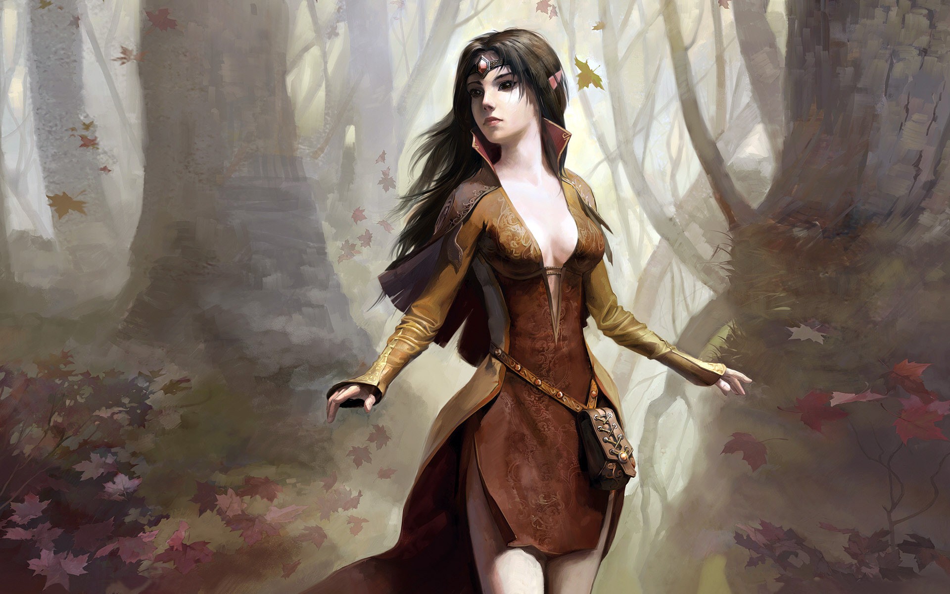 Fantasy girl in a forest with autumn leaves HD Wallpaper