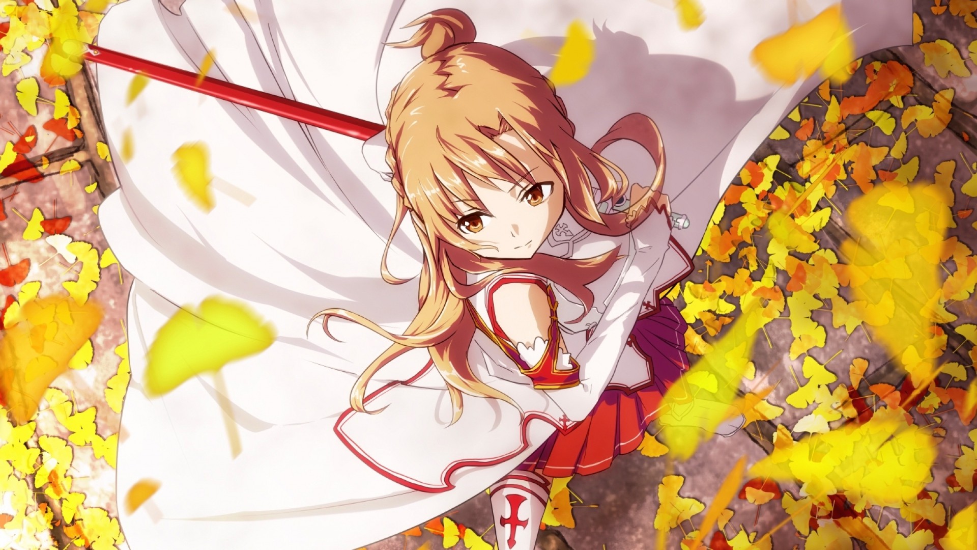 Asuna Yuuki from Sword Art Online with falling leaves HD Wallpaper