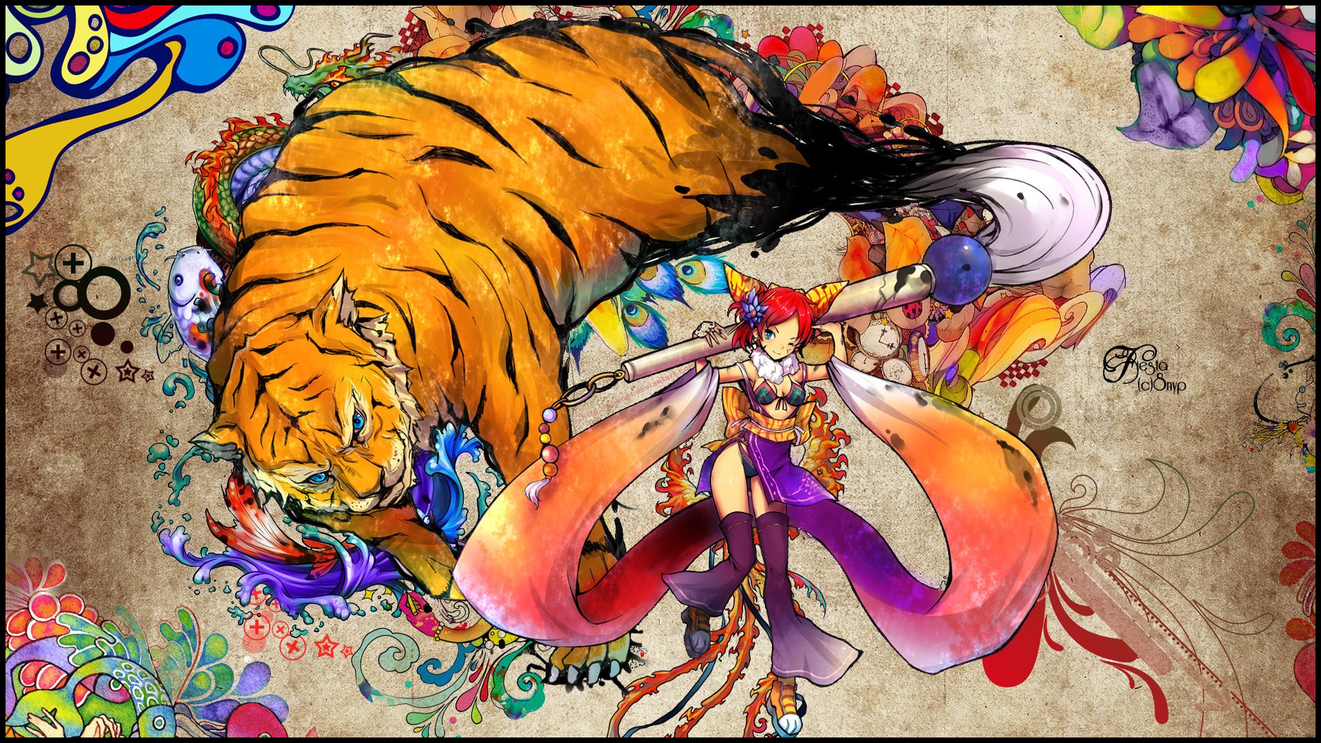 Anime girl with tiger and colorful fantasy art HD Wallpaper