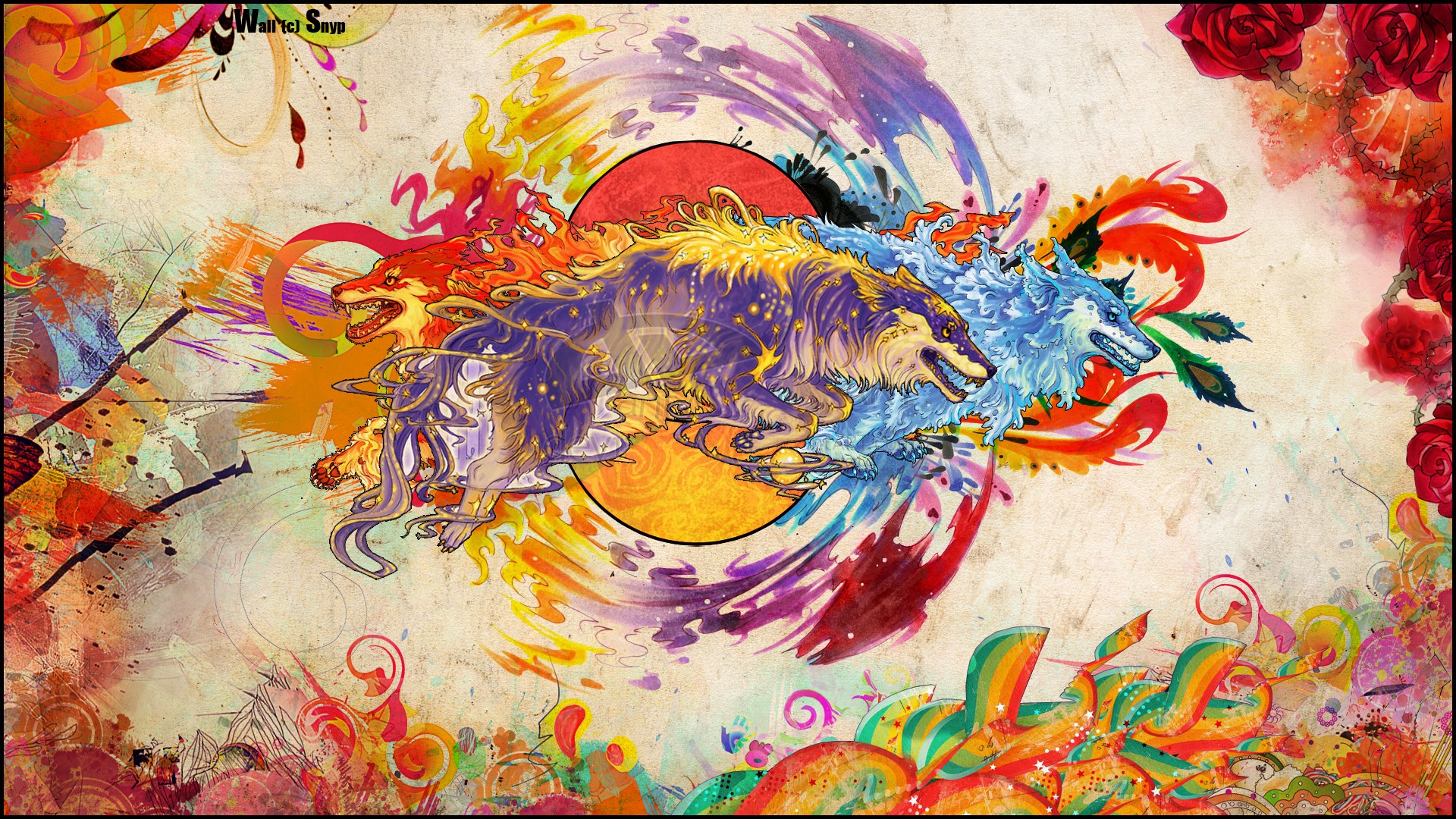 Artwork of three wolves in colorful digital art style HD Wallpaper
