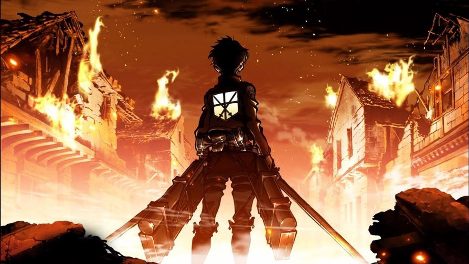 Eren Yeager in a Burning City from Attack on Titan HD Wallpaper
