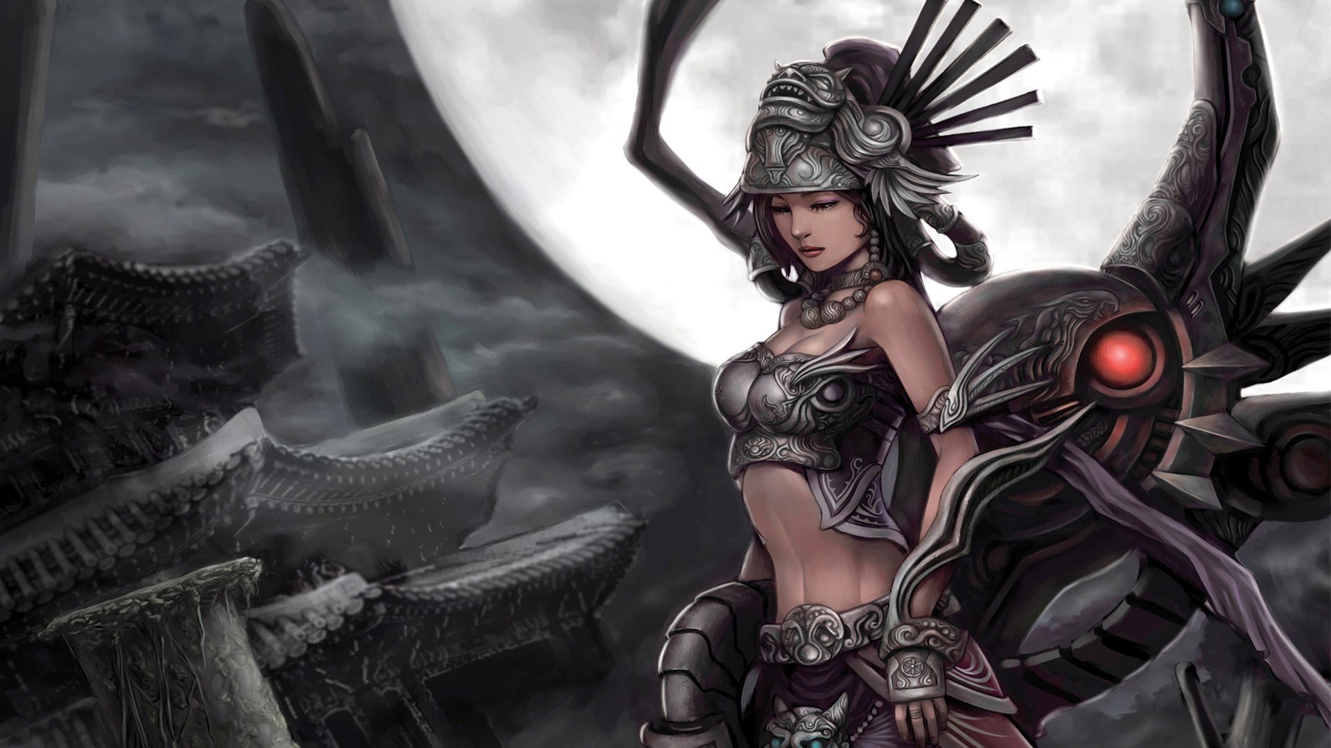 Fantasy girl in armor with a large moon behind her HD Wallpaper