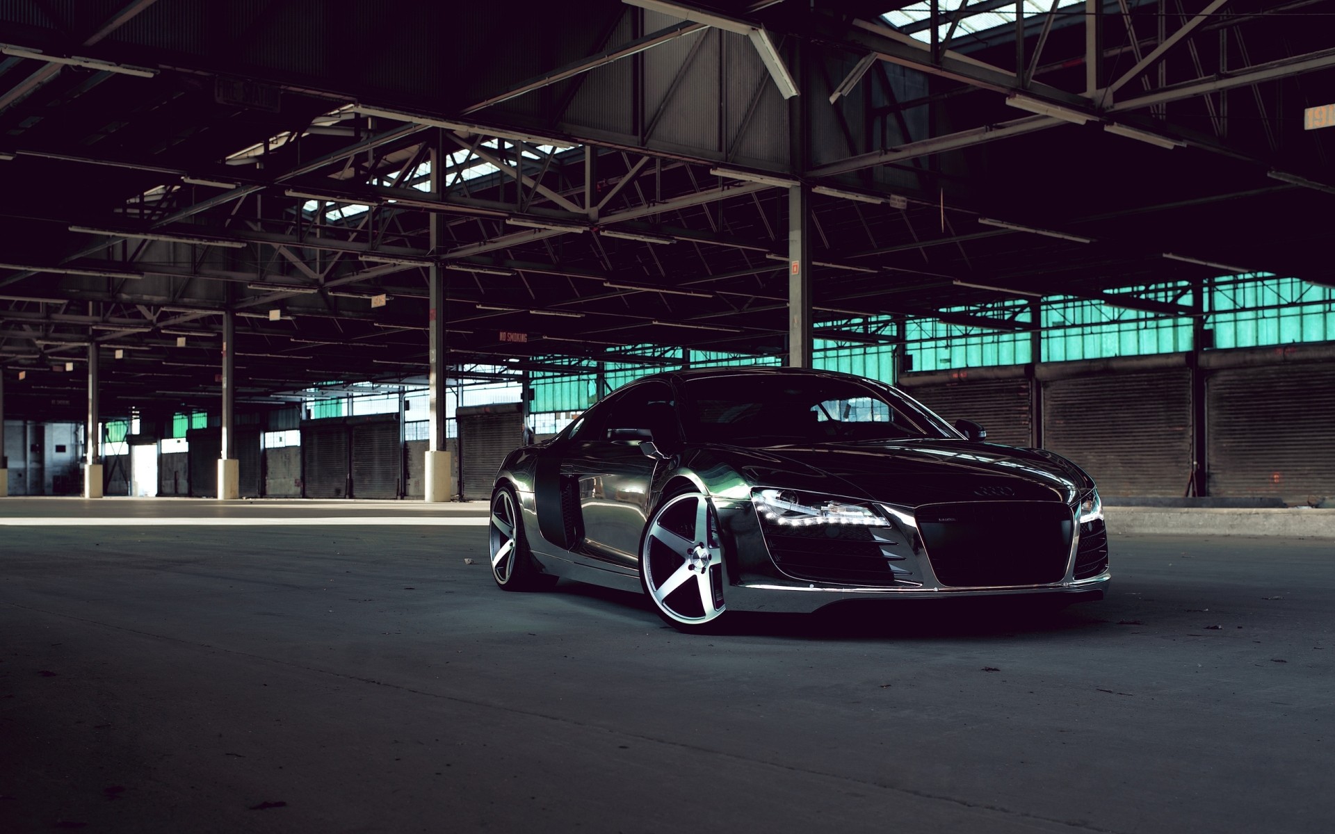 Audi R8 parked in a large industrial building HD Wallpaper