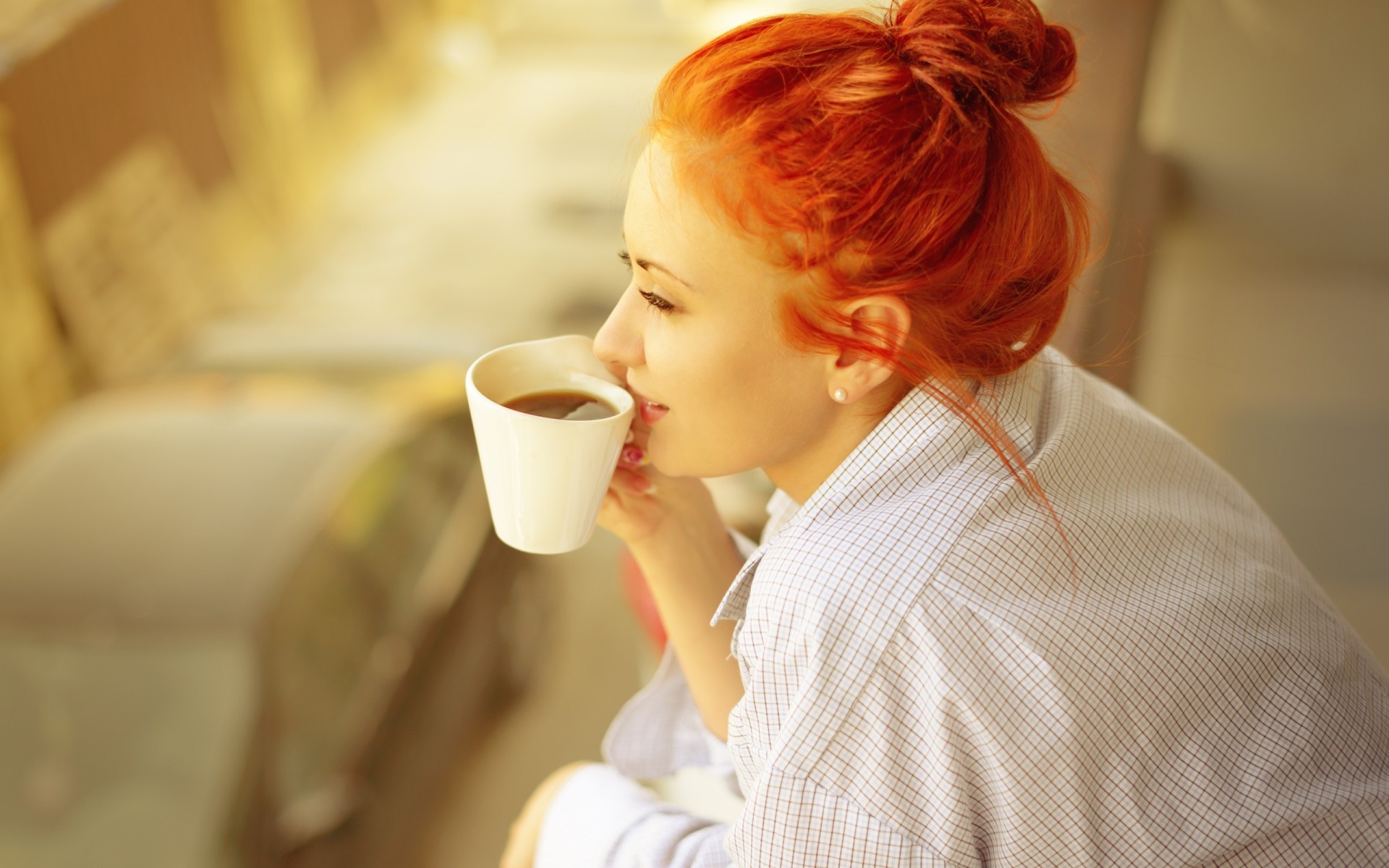 Redhead woman drinking coffee from a white cup HD Wallpaper