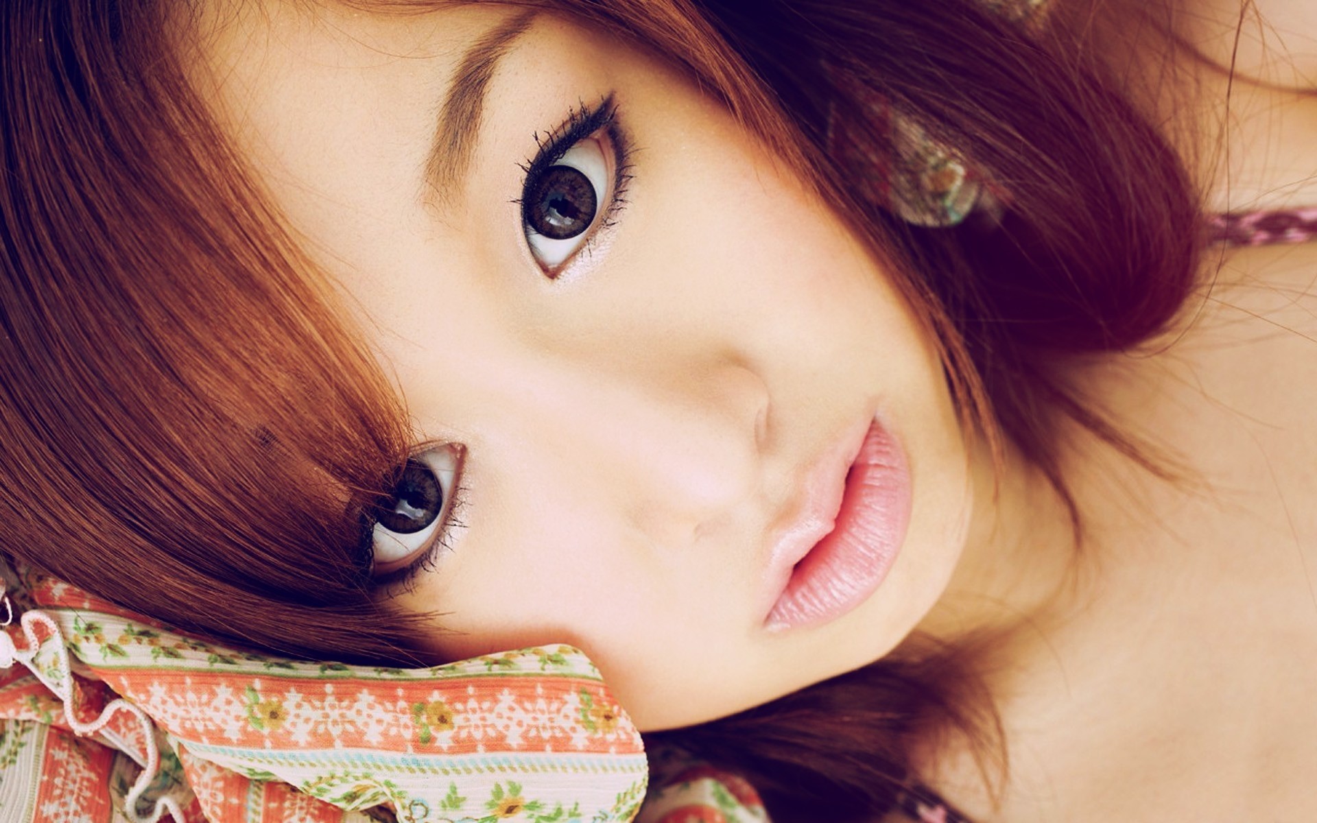 Asian woman with red hair looking at viewer HD Wallpaper