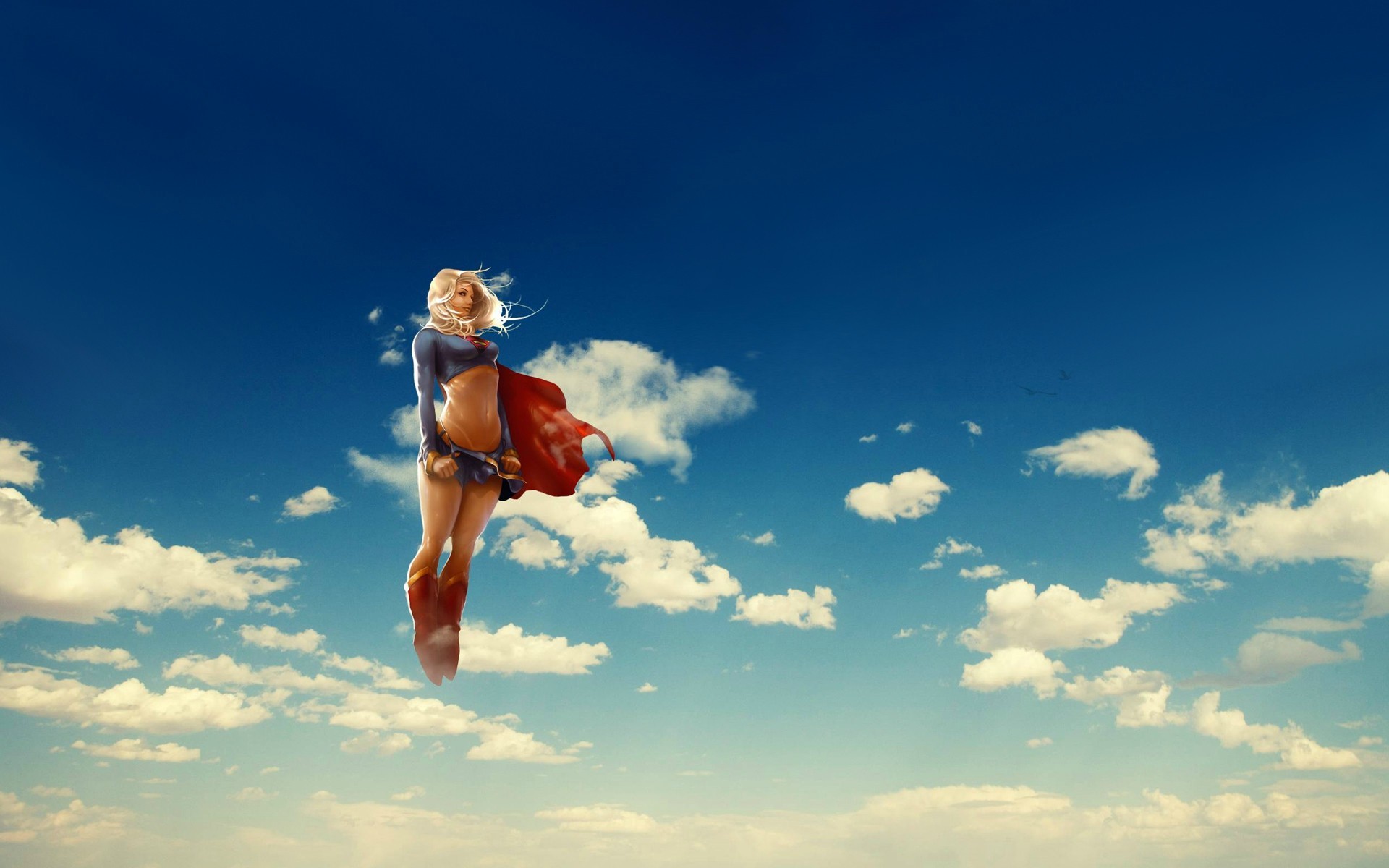 Supergirl flying in the sky with clouds HD Wallpaper