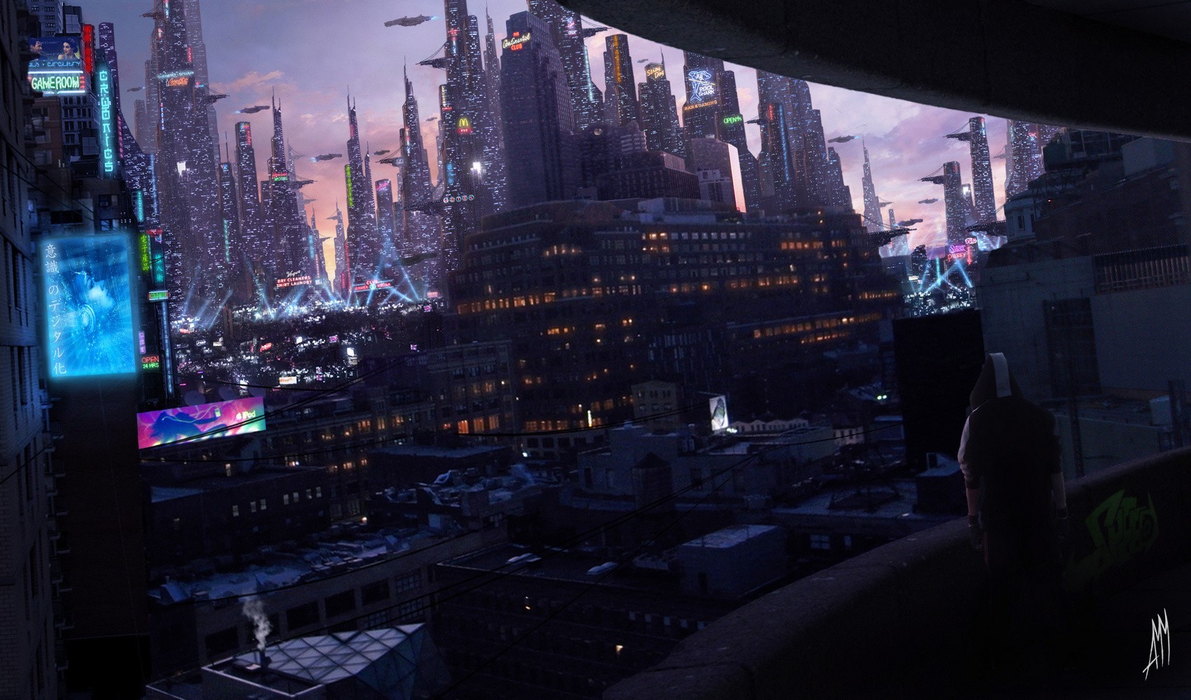 Futuristic cyberpunk cityscape with flying vehicles HD Wallpaper