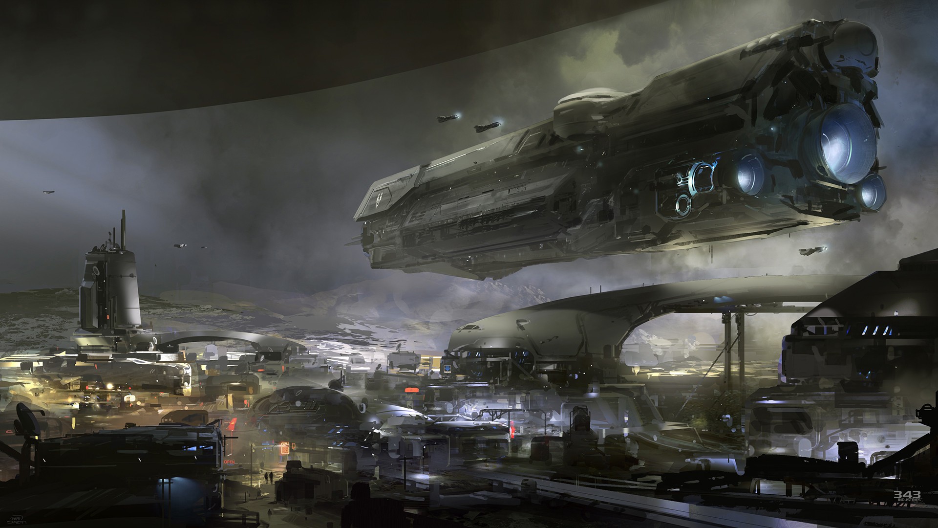 Halo 5 science fiction city with a large spaceship HD Wallpaper