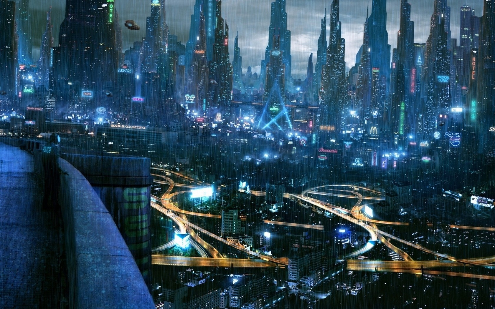 Futuristic cyberpunk cityscape at night with rain HD Wallpaper