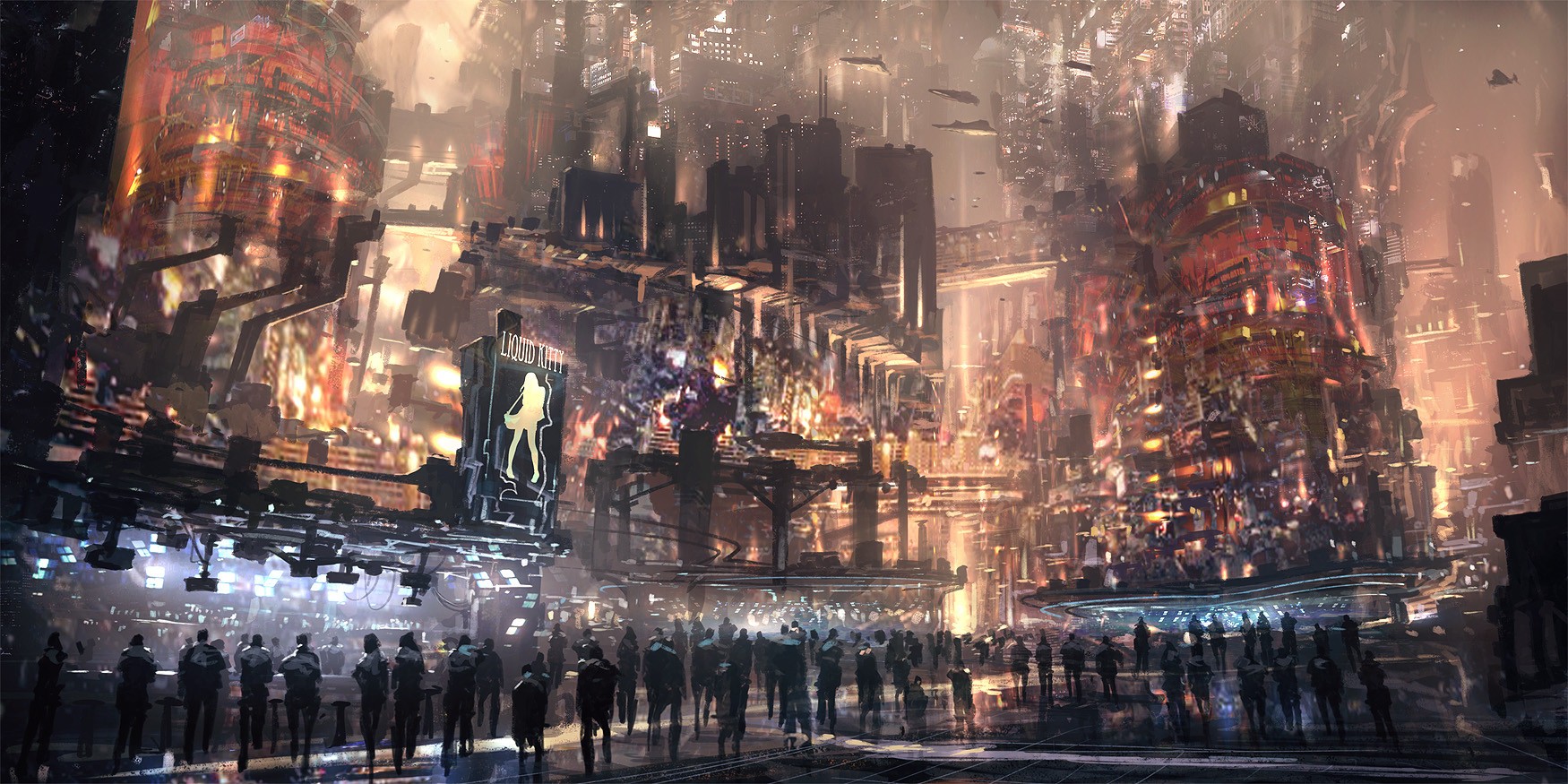Cyberpunk futuristic city with crowds HD Wallpaper
