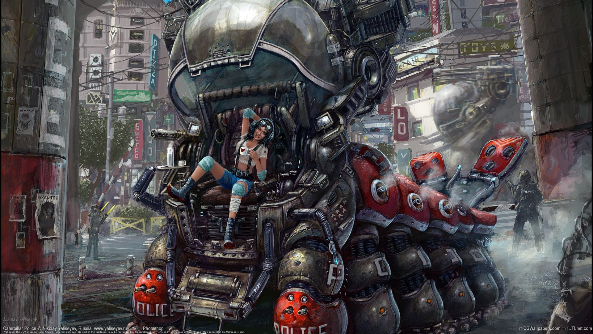Caterpillar Police Mech with Woman in Futuristic City HD Wallpaper