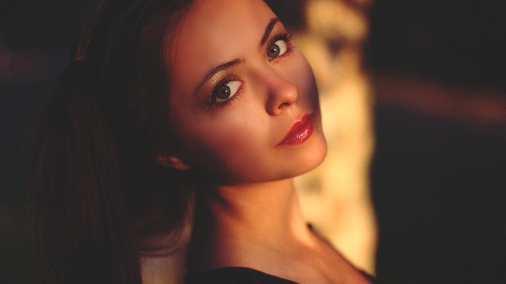 Woman with dark hair and red lipstick portrait HD Wallpaper