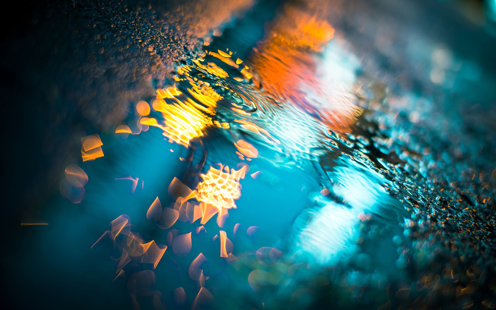 Colorful bokeh reflections on wet pavement HD Wallpaper