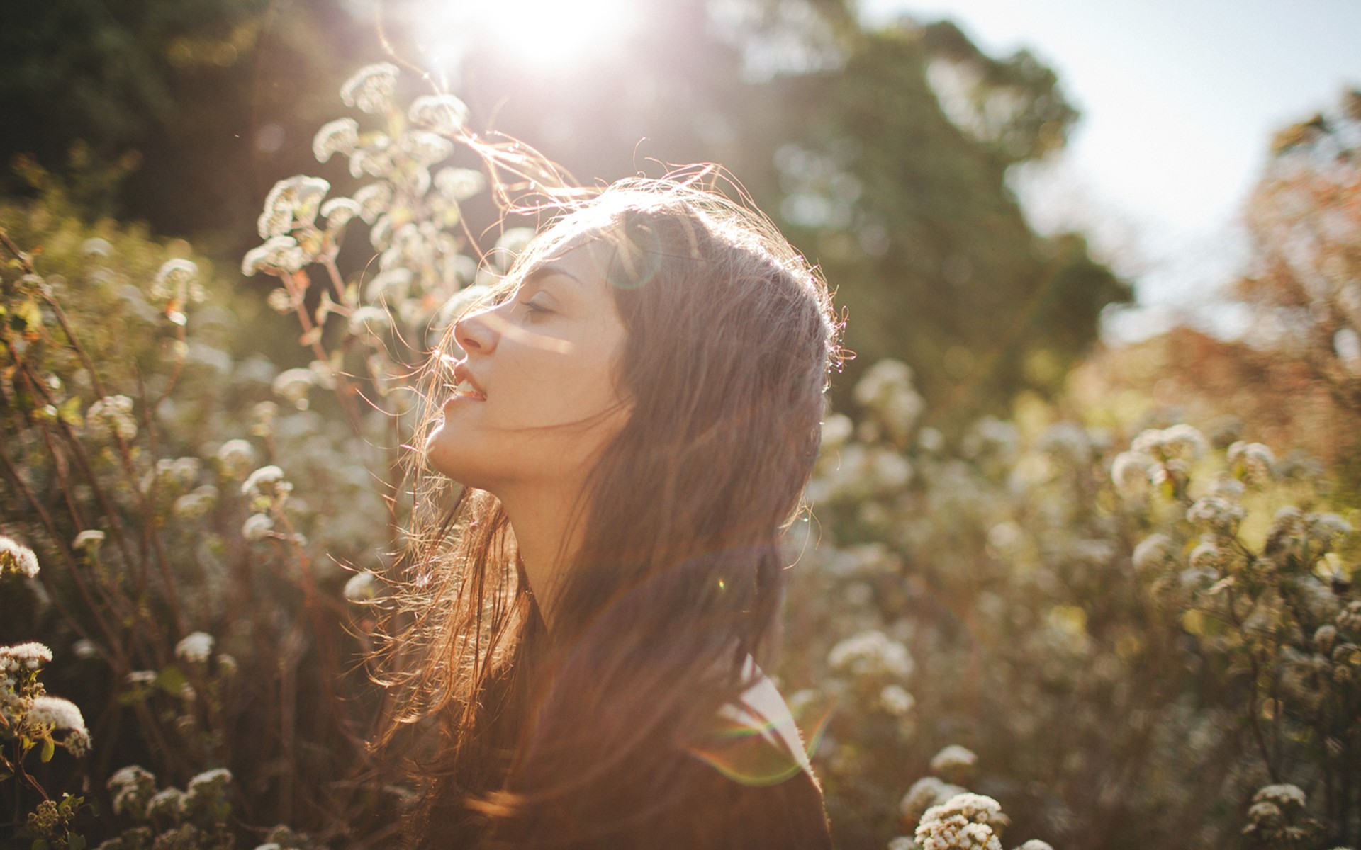 Woman in profile with flowers and sunlight HD Wallpaper