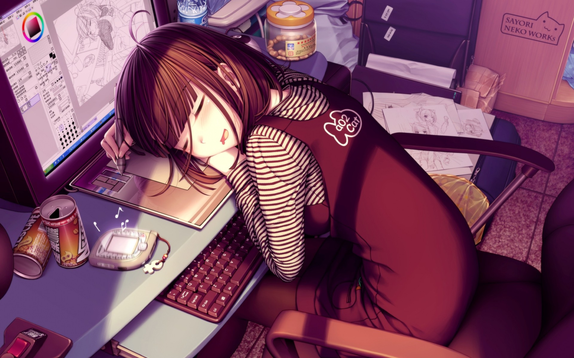 Anime girl sleeping at her desk with drawing tablet HD Wallpaper
