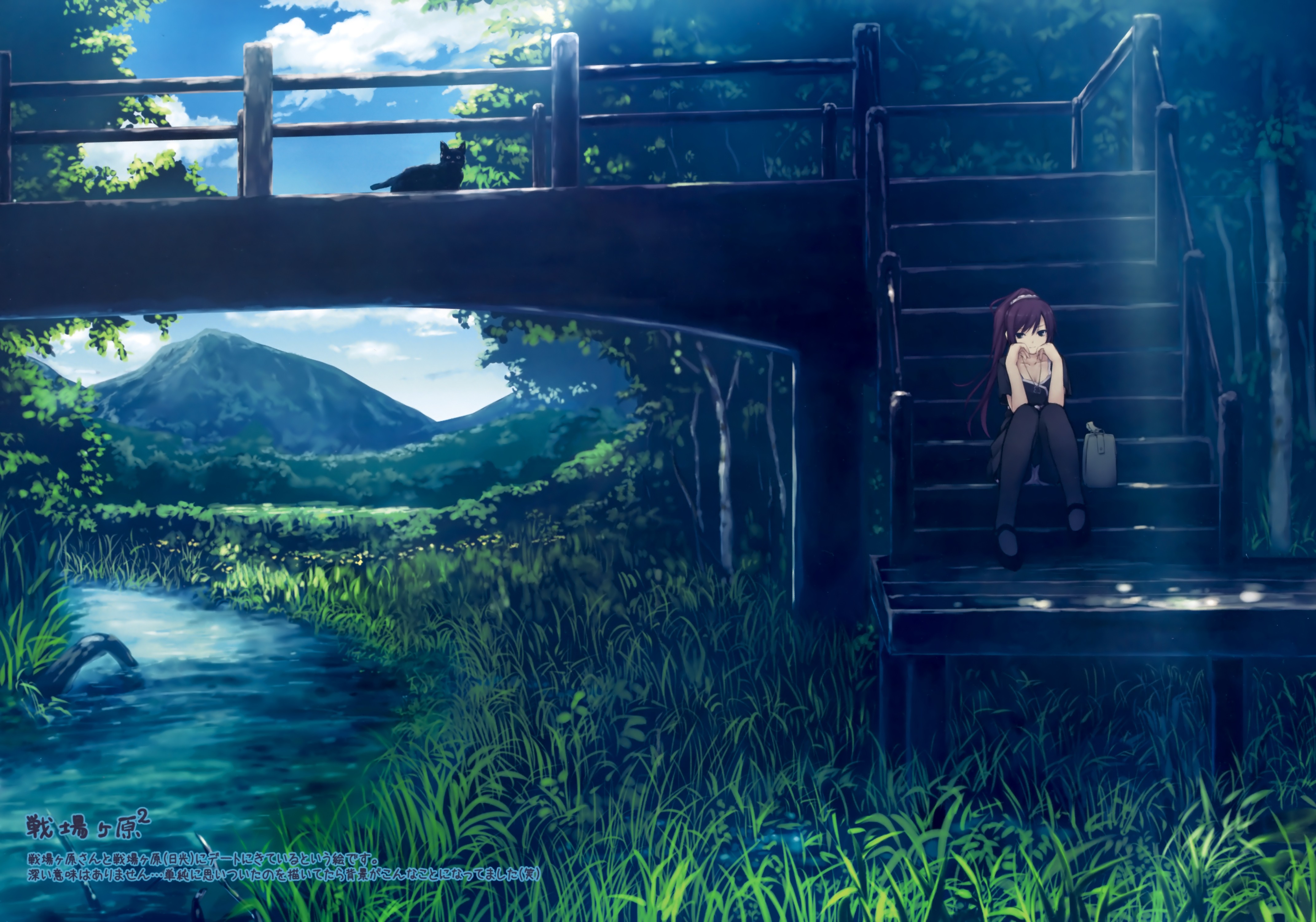 Senjougahara Hitagi on a bridge with a cat HD Wallpaper