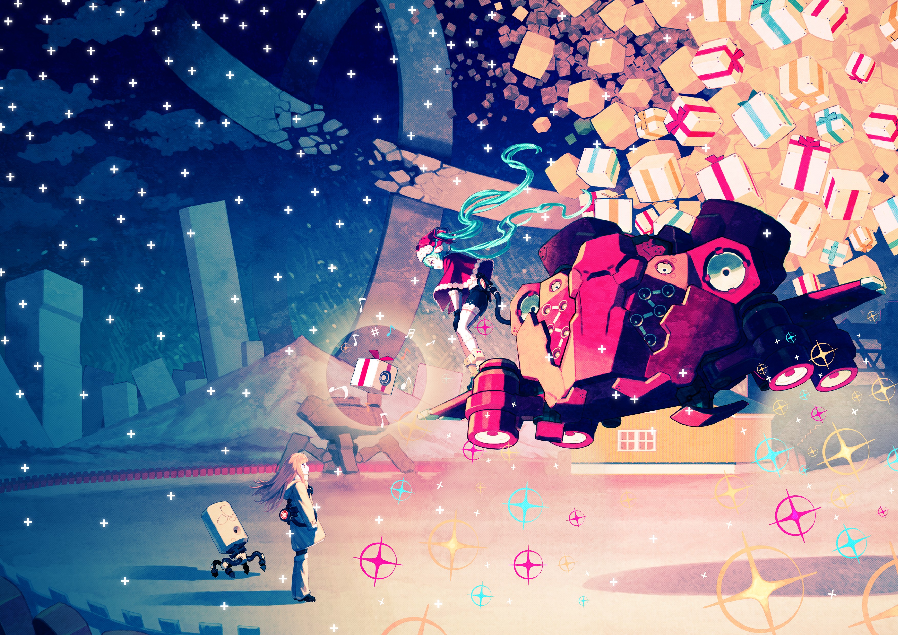 Hatsune Miku and robot with gifts in a starry night HD Wallpaper