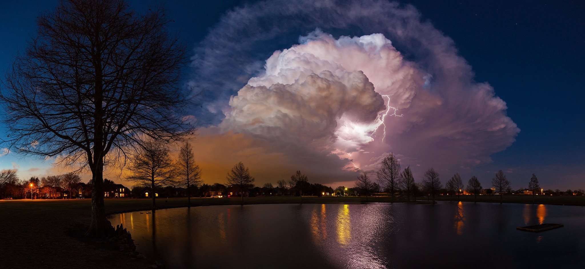lightning, pond, clouds, sky, nature, storm, trees, landscape HD Wallpaper