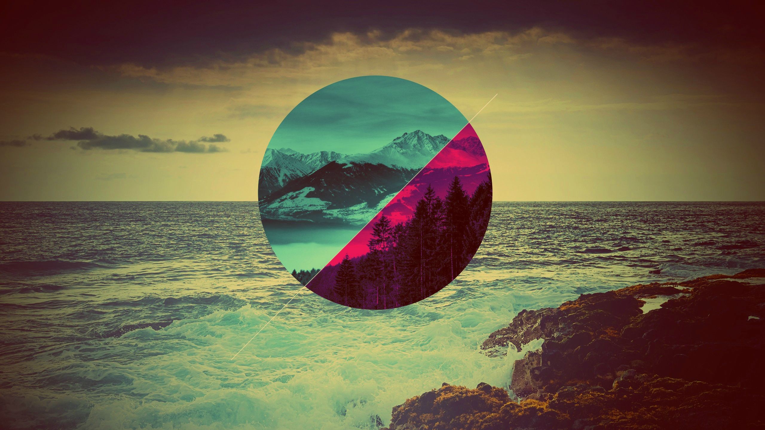 Abstract landscape with mountains, forest, and ocean HD Wallpaper