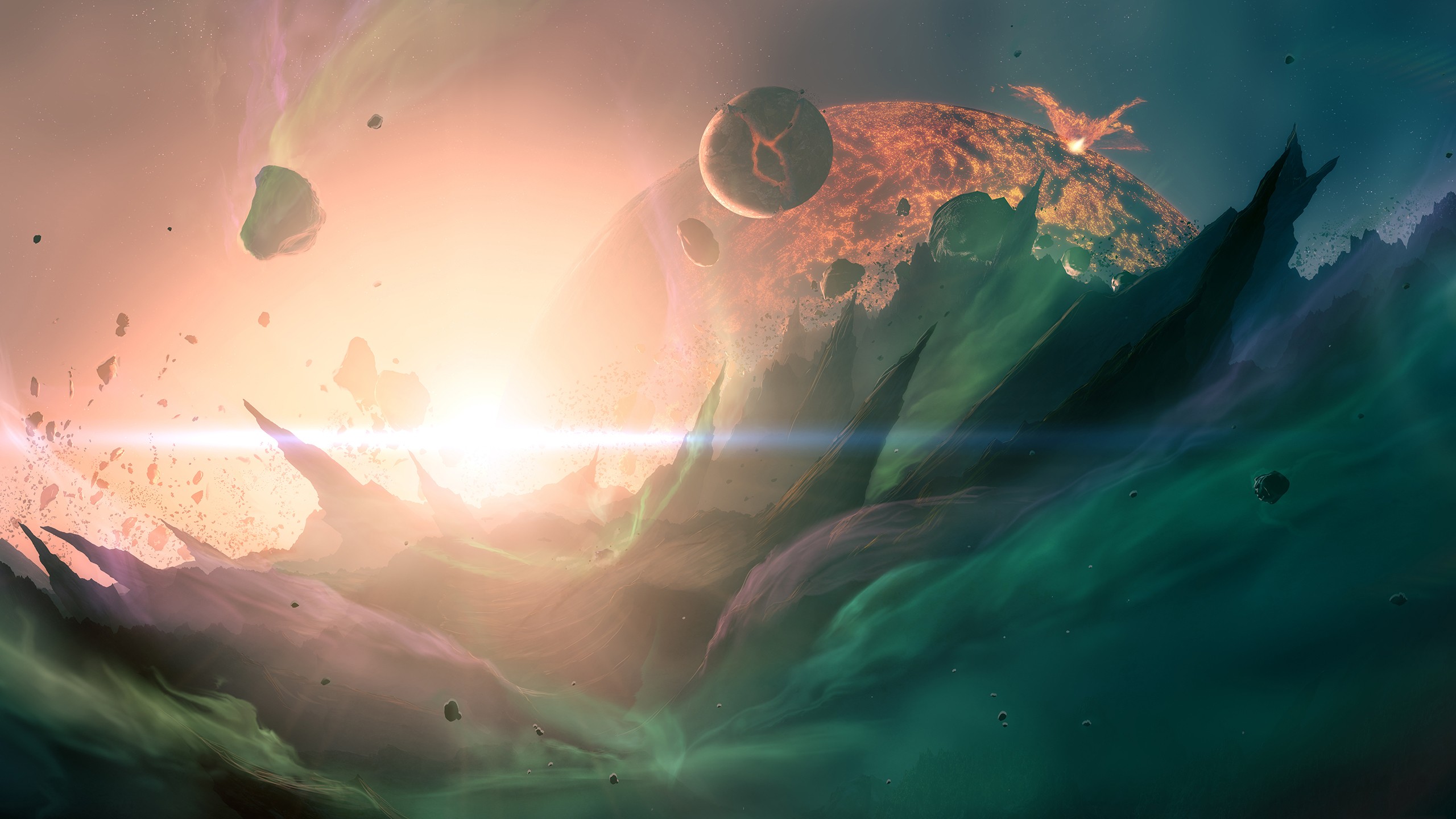 Digital art of a planet and asteroids in space HD Wallpaper