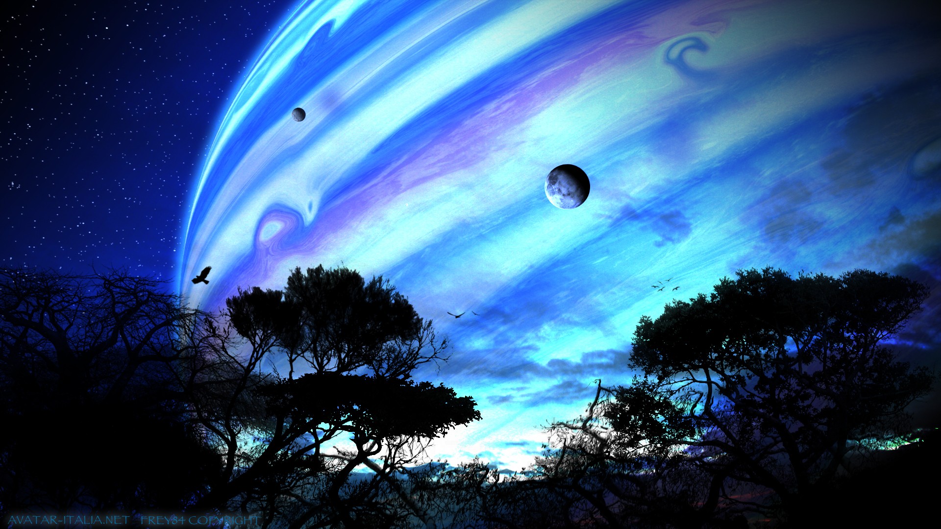 Avatar planet with moons and trees at night HD Wallpaper