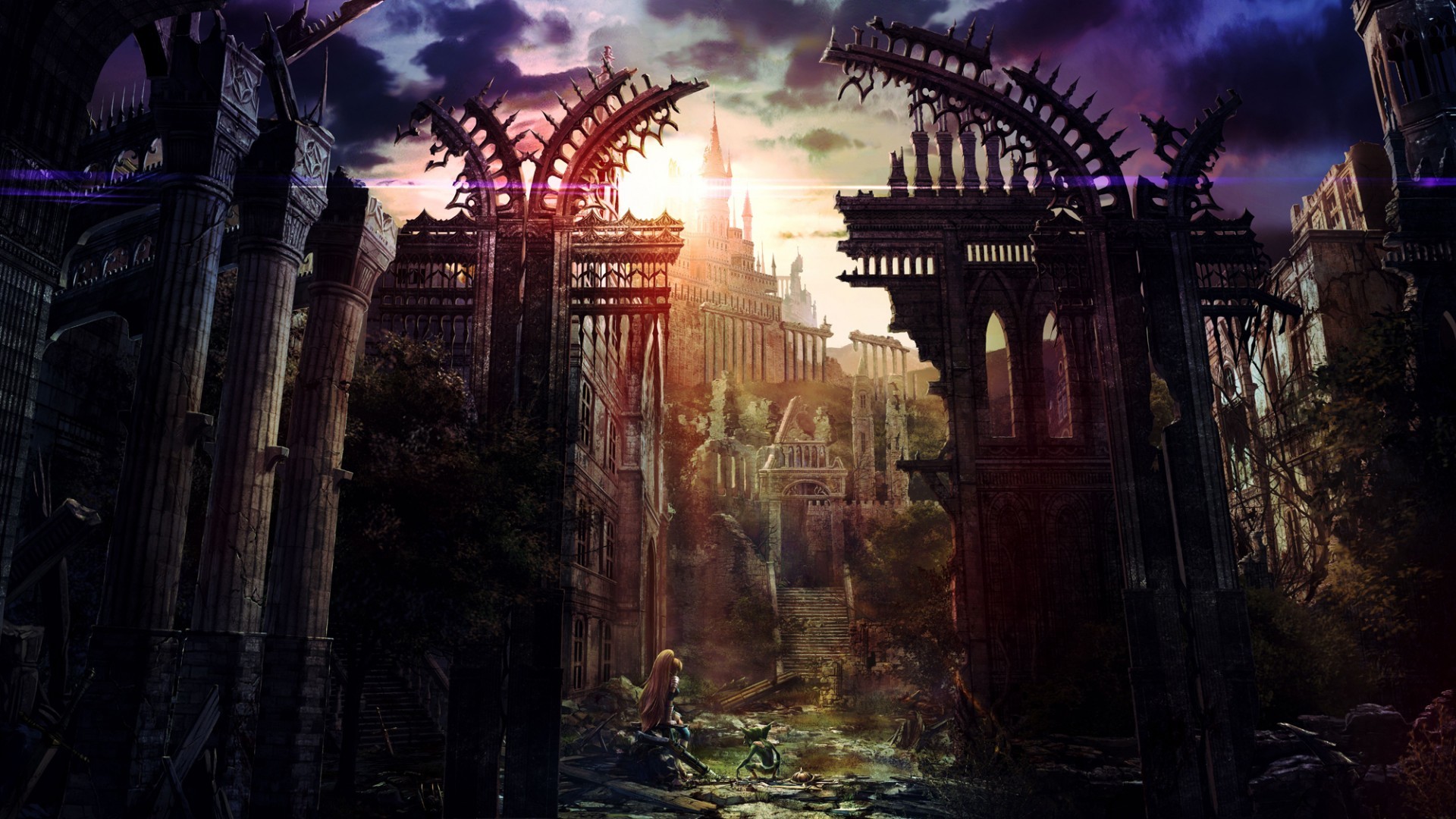 Ruined fantasy city with a castle in the background HD Wallpaper