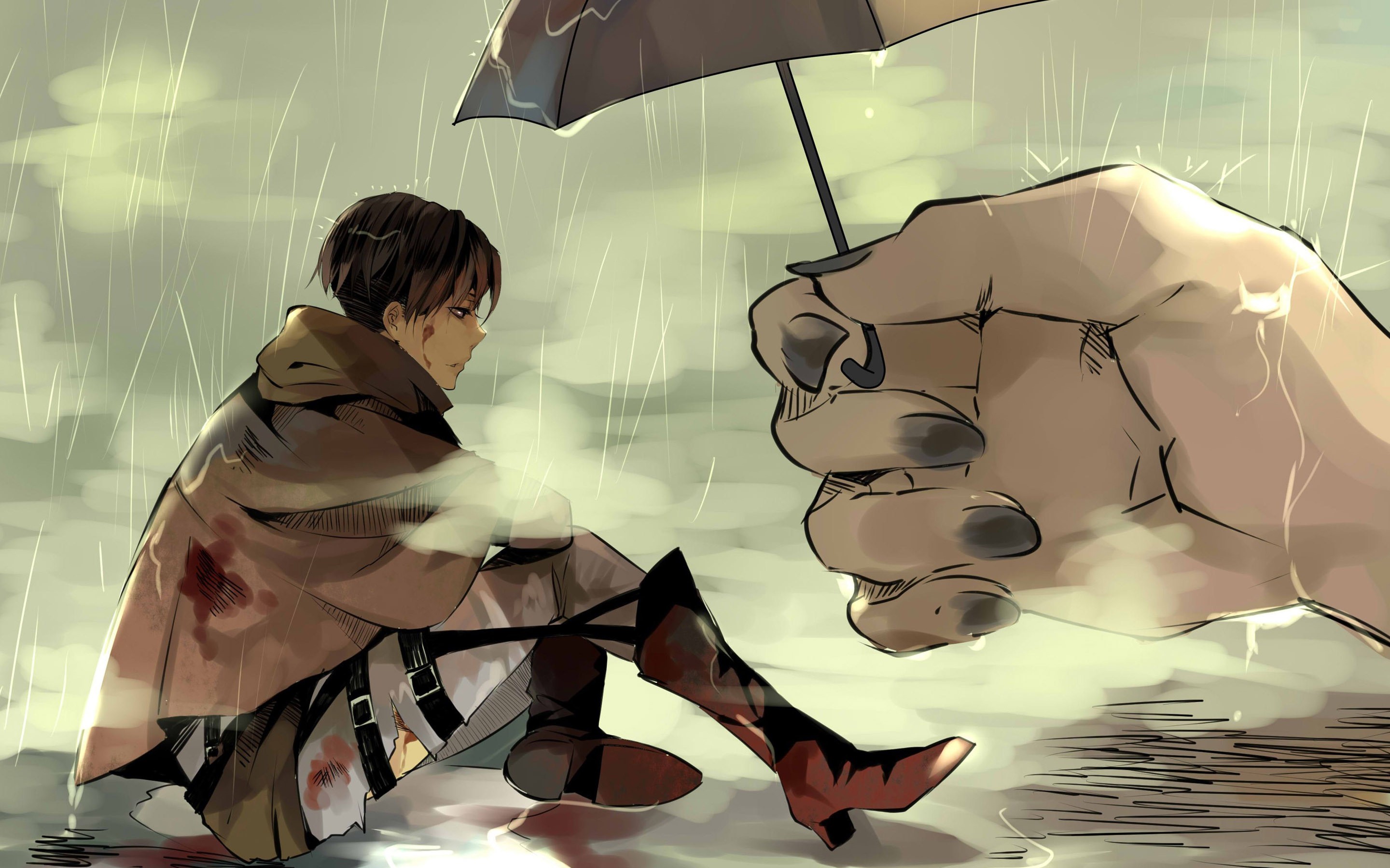 Levi Ackerman and a giant hand holding an umbrella in the rain HD Wallpaper