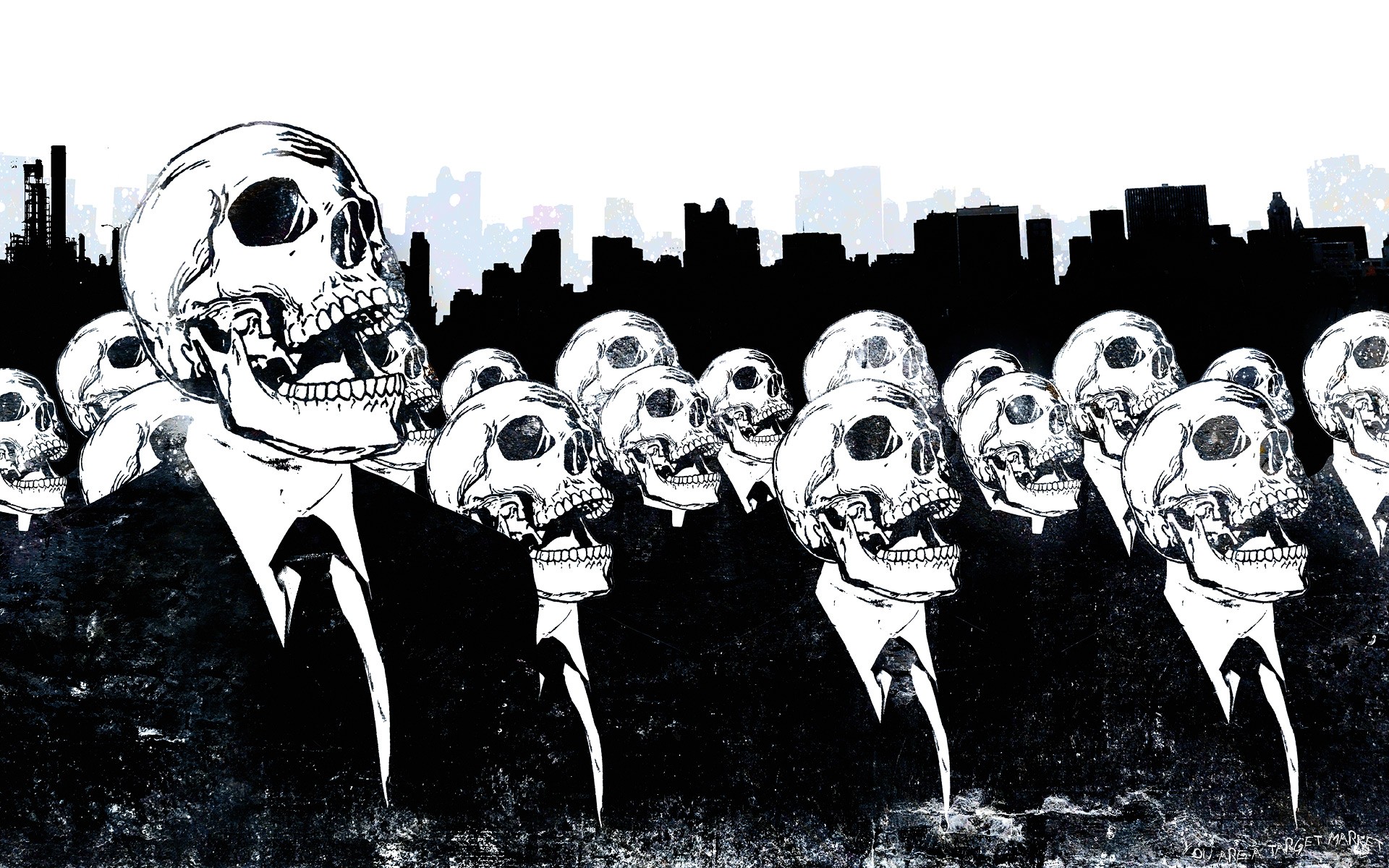 Artwork of skulls in suits against a city skyline HD Wallpaper