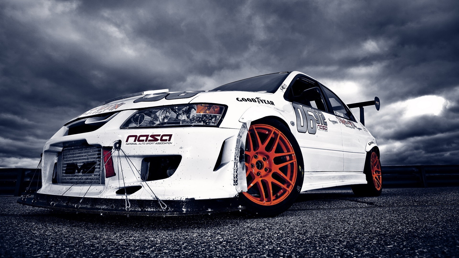 White NASA race car with orange wheels HD Wallpaper