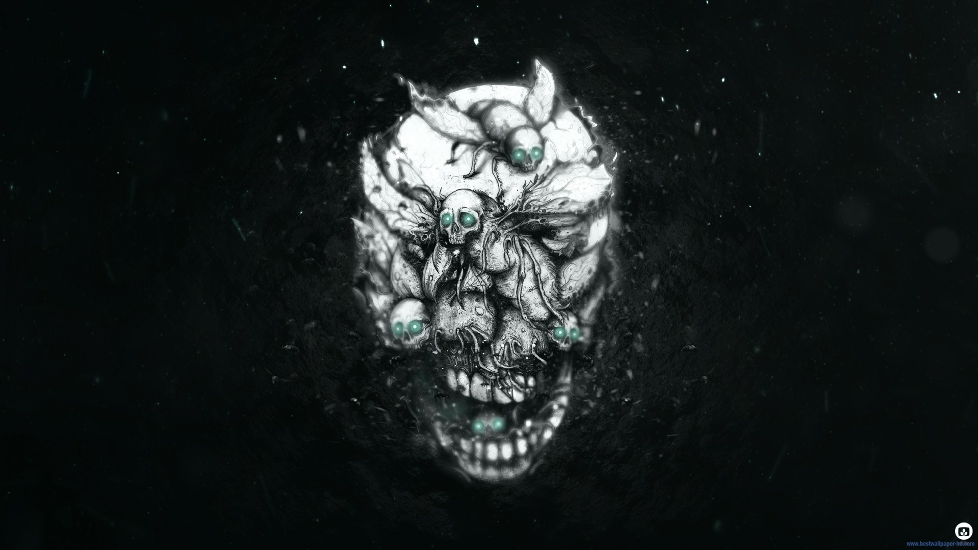 A grotesque skull creature with glowing eyes and insects HD Wallpaper