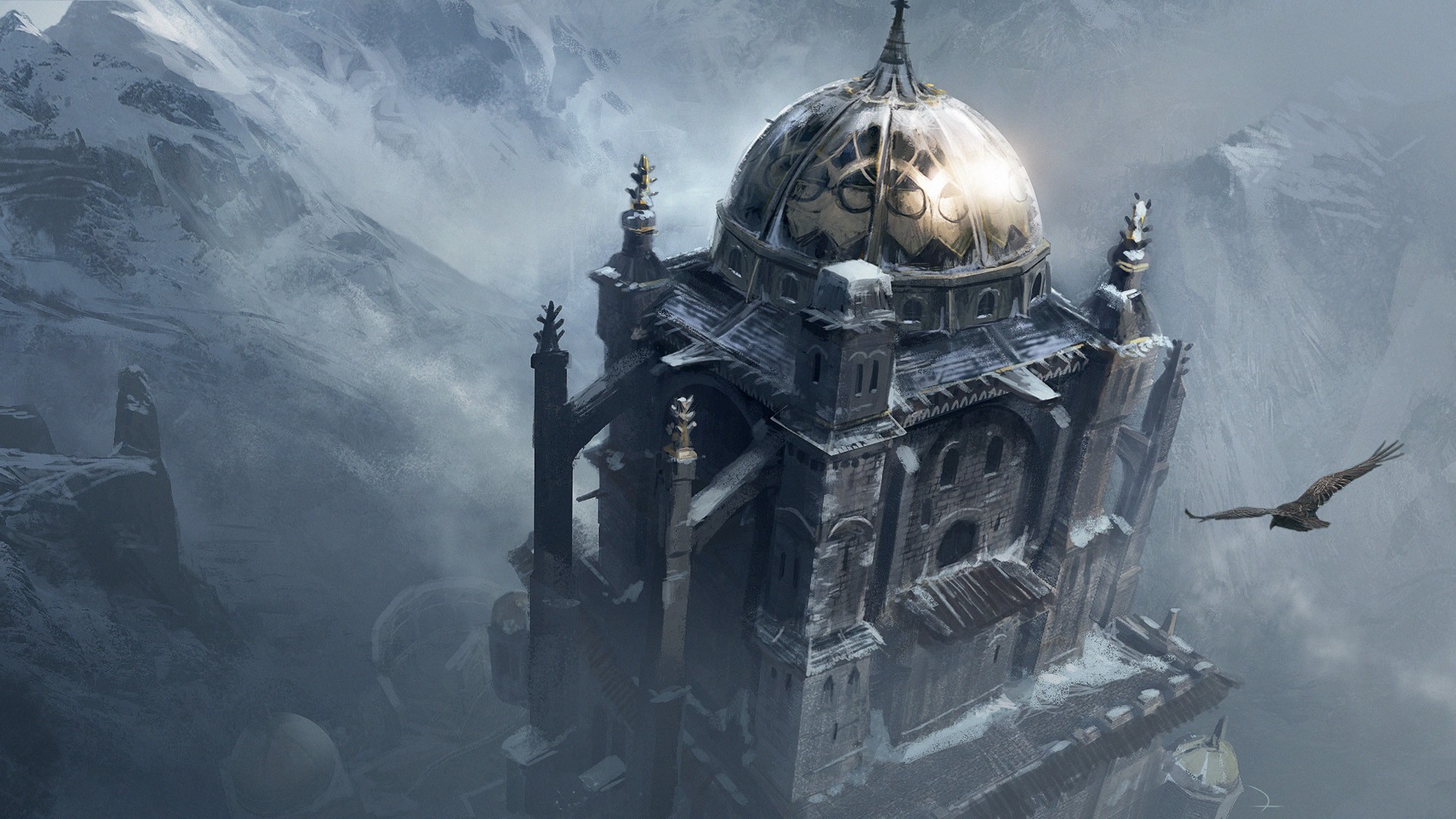 Assassin's Creed artwork of a fantasy castle in mountains HD Wallpaper