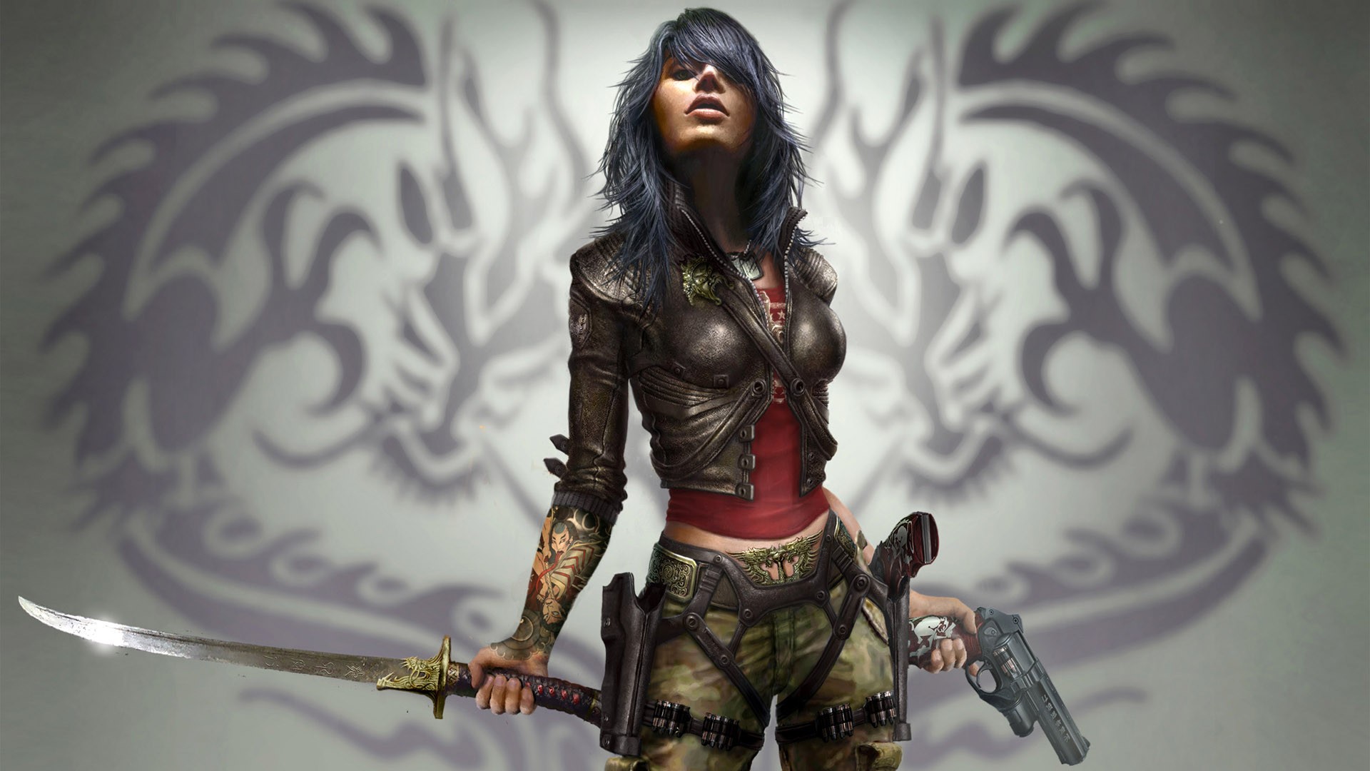Woman with sword and gun, dragon background HD Wallpaper