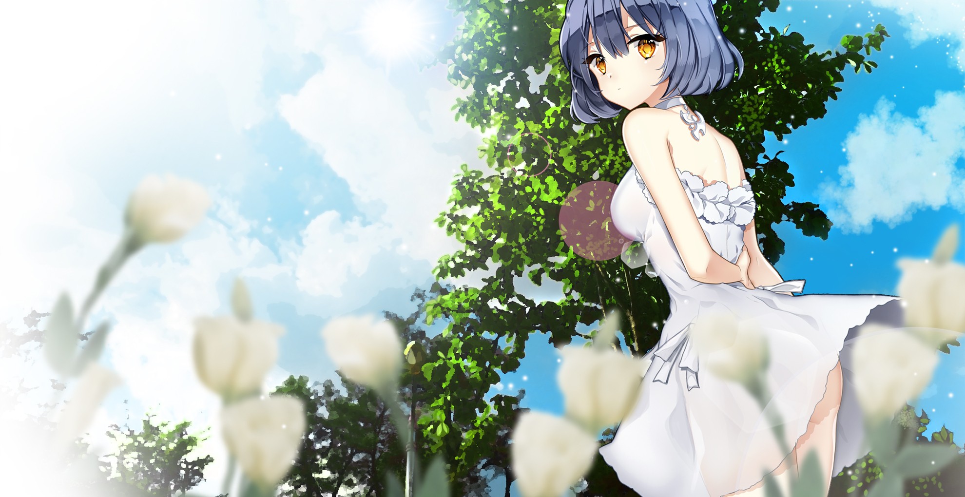 Anime girl with blue hair in a white dress HD Wallpaper