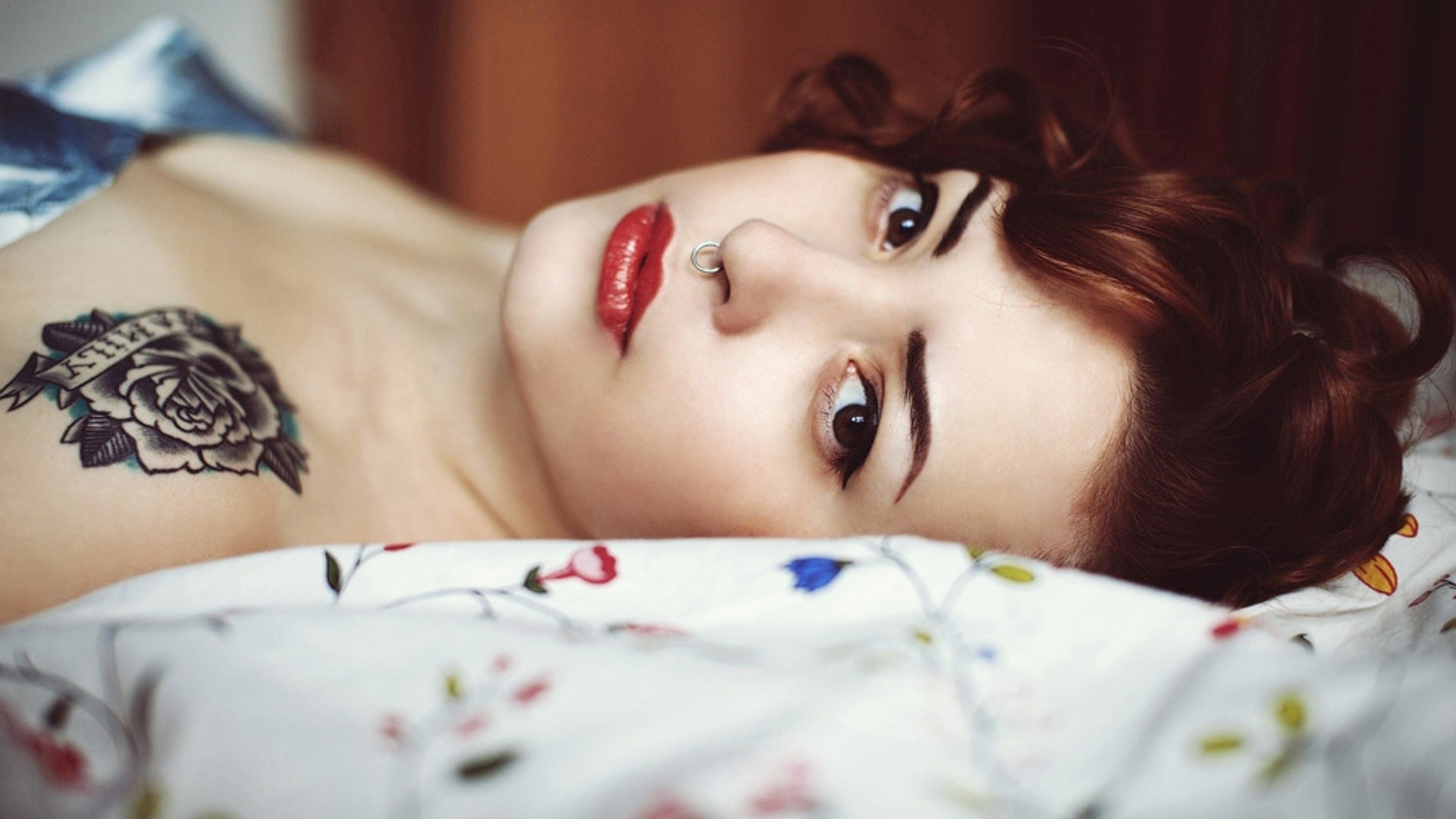 Woman with Rose Tattoo and Nose Piercing HD Wallpaper