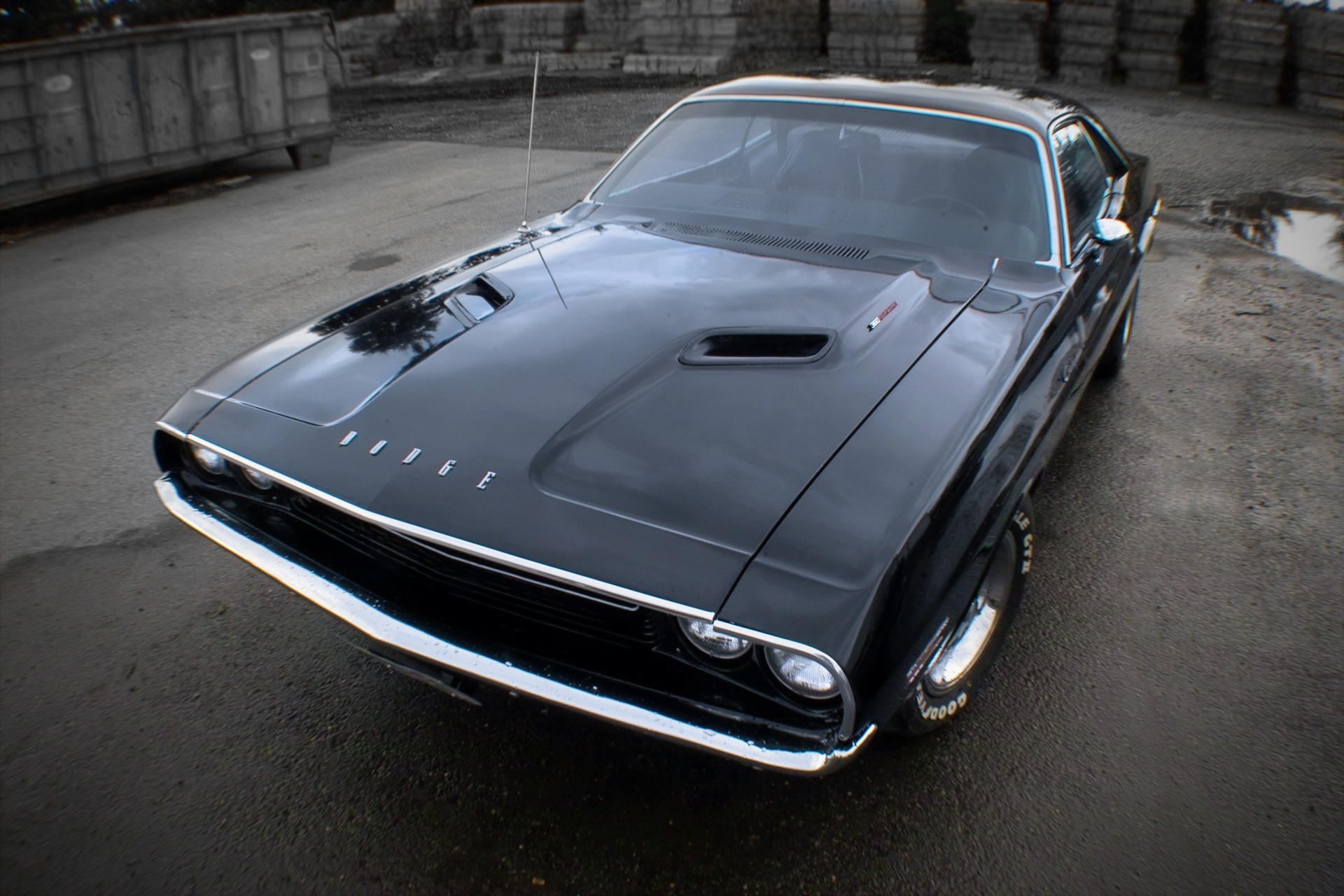 Black Dodge Challenger parked on wet asphalt HD Wallpaper