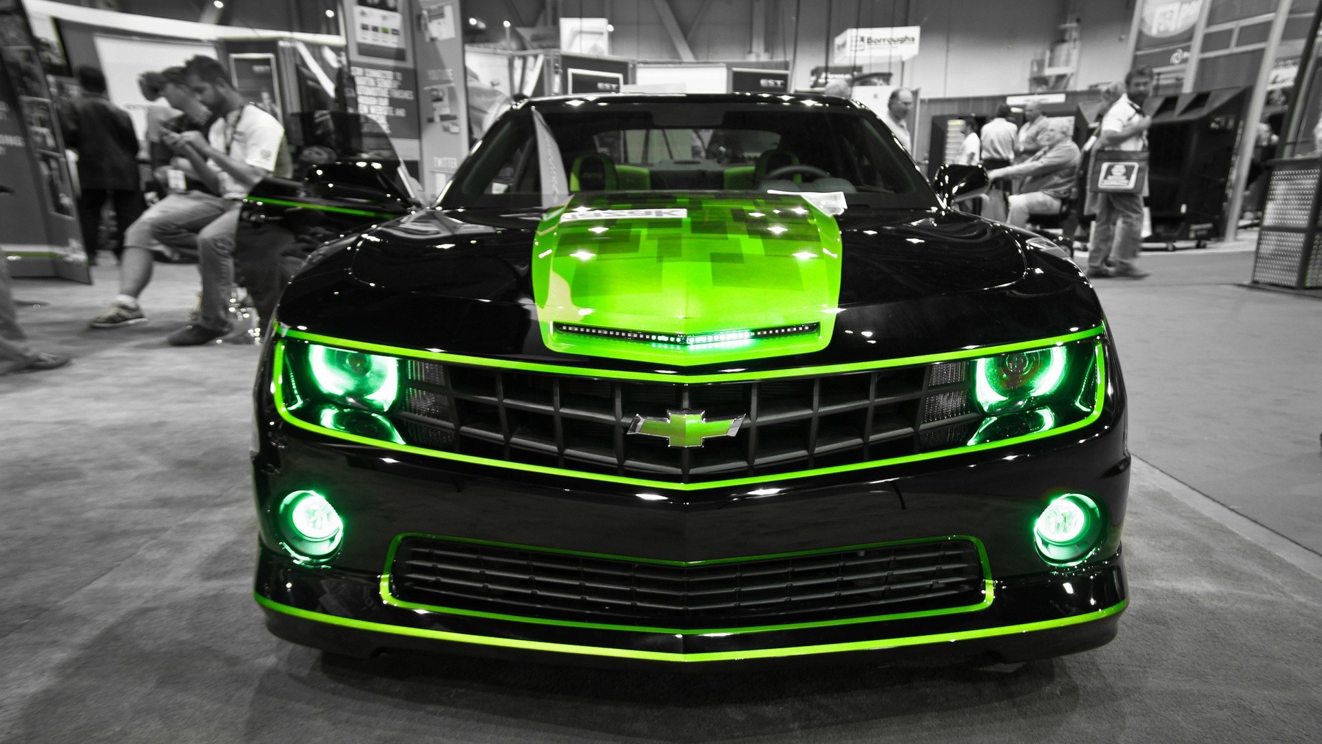 Black Chevrolet Camaro with green accents HD Wallpaper