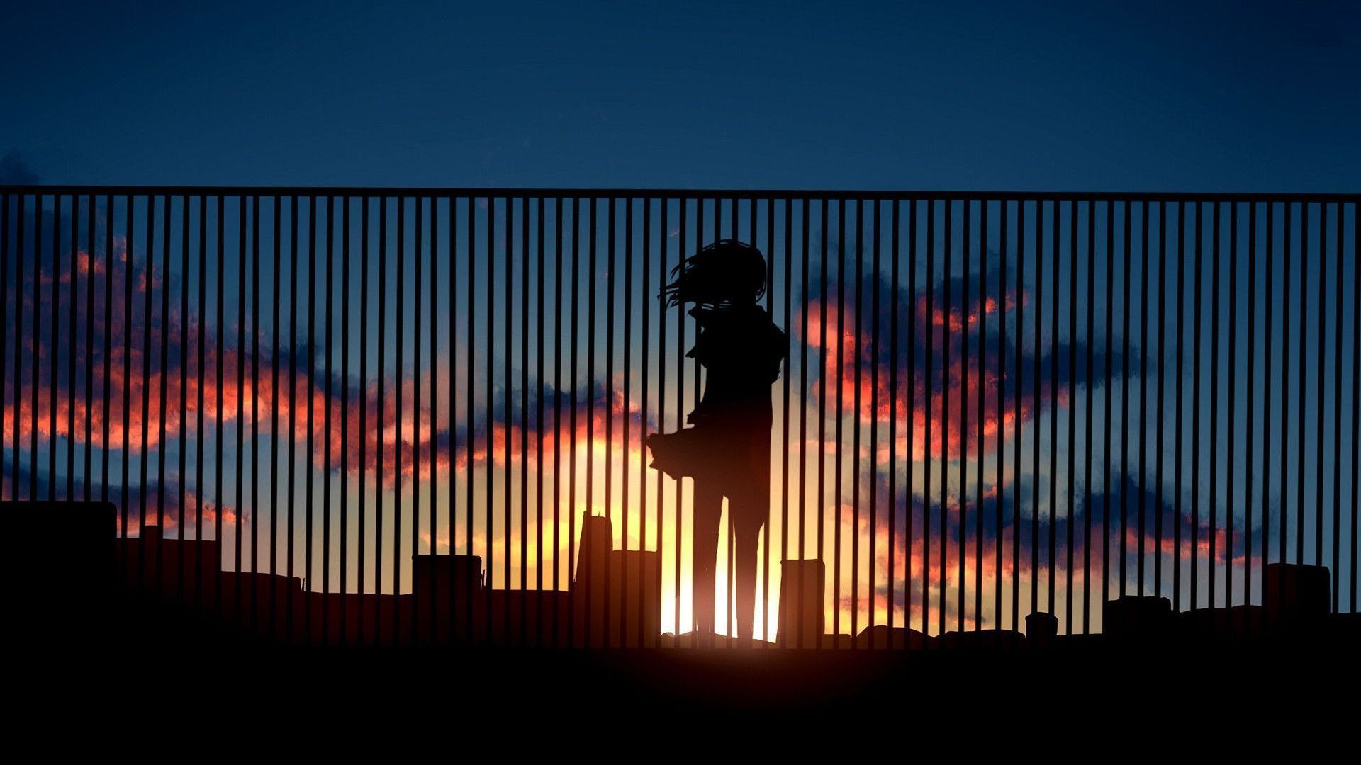 Anime girl silhouette against a sunset sky behind a fence HD Wallpaper