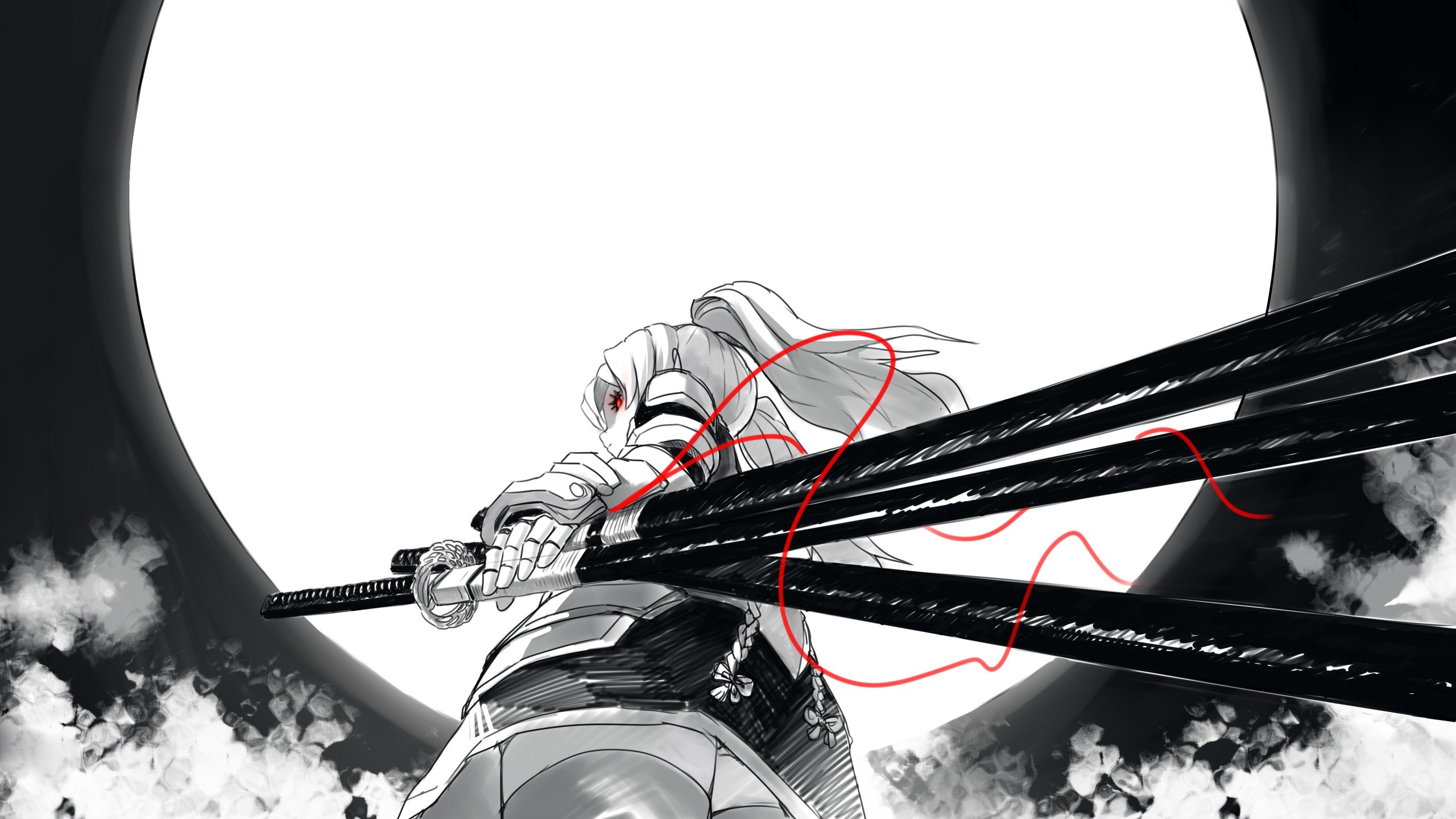 Anime girl with multiple swords and red markings HD Wallpaper