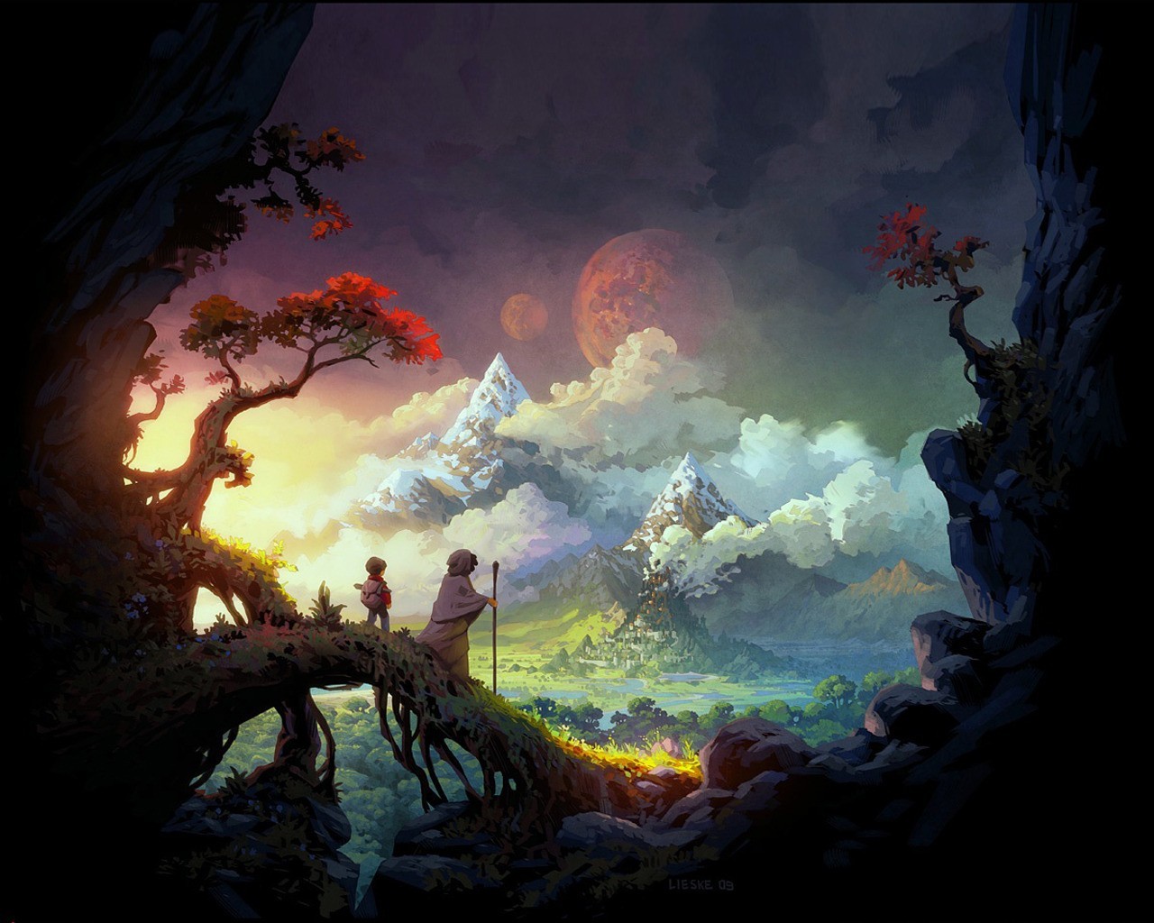 Fantasy landscape with two figures overlooking a valley city HD Wallpaper