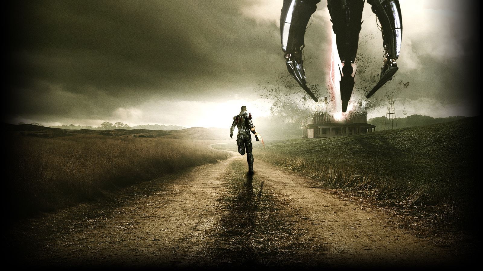 Mass Effect Reaper attacking a house with a soldier running HD Wallpaper